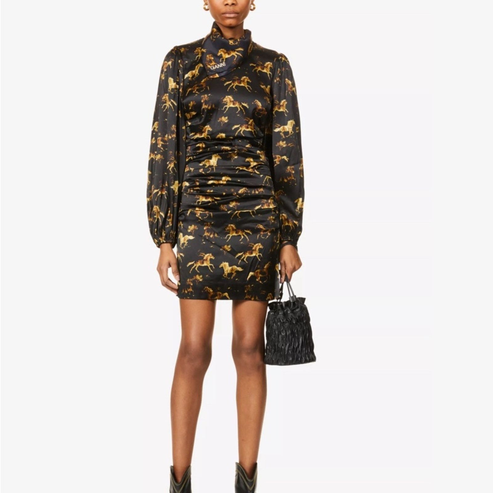 Ganni NWT GANNI Black Horses Print Silk Ruched Mini Dress Sz 6 38 | Grailed