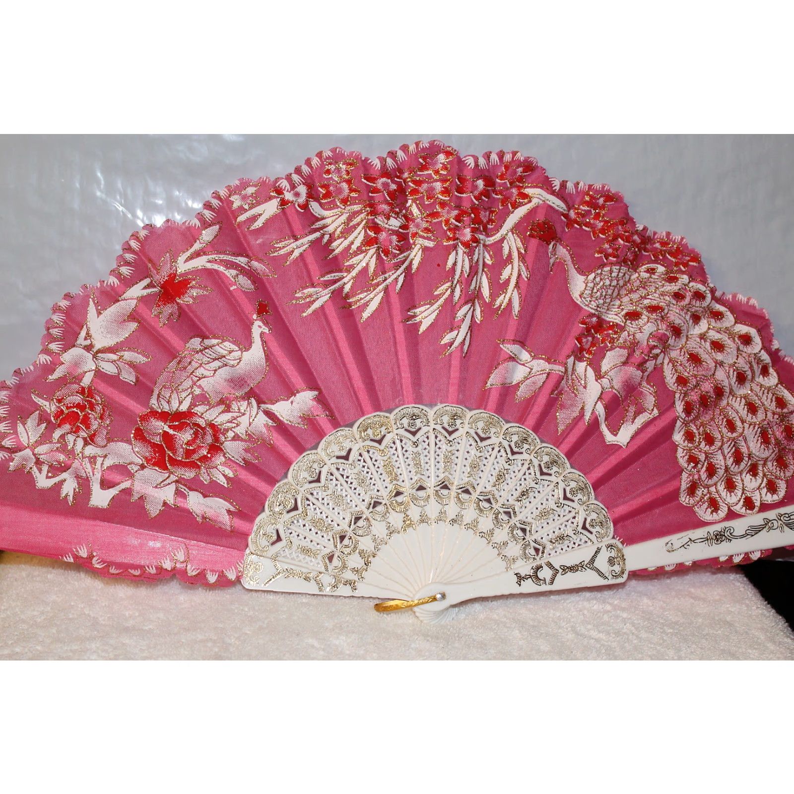 Vintage FAN SMALL HAND FAN WITH PEACOCKS FLOWERS DARK PINK A2 16 INCHES WIDE WHEN OPENED 9 INCHES LENGTH WHEN CLOSED Unbranded Womens Girls Mens Size ONE SIZE - 2 Thumbnail