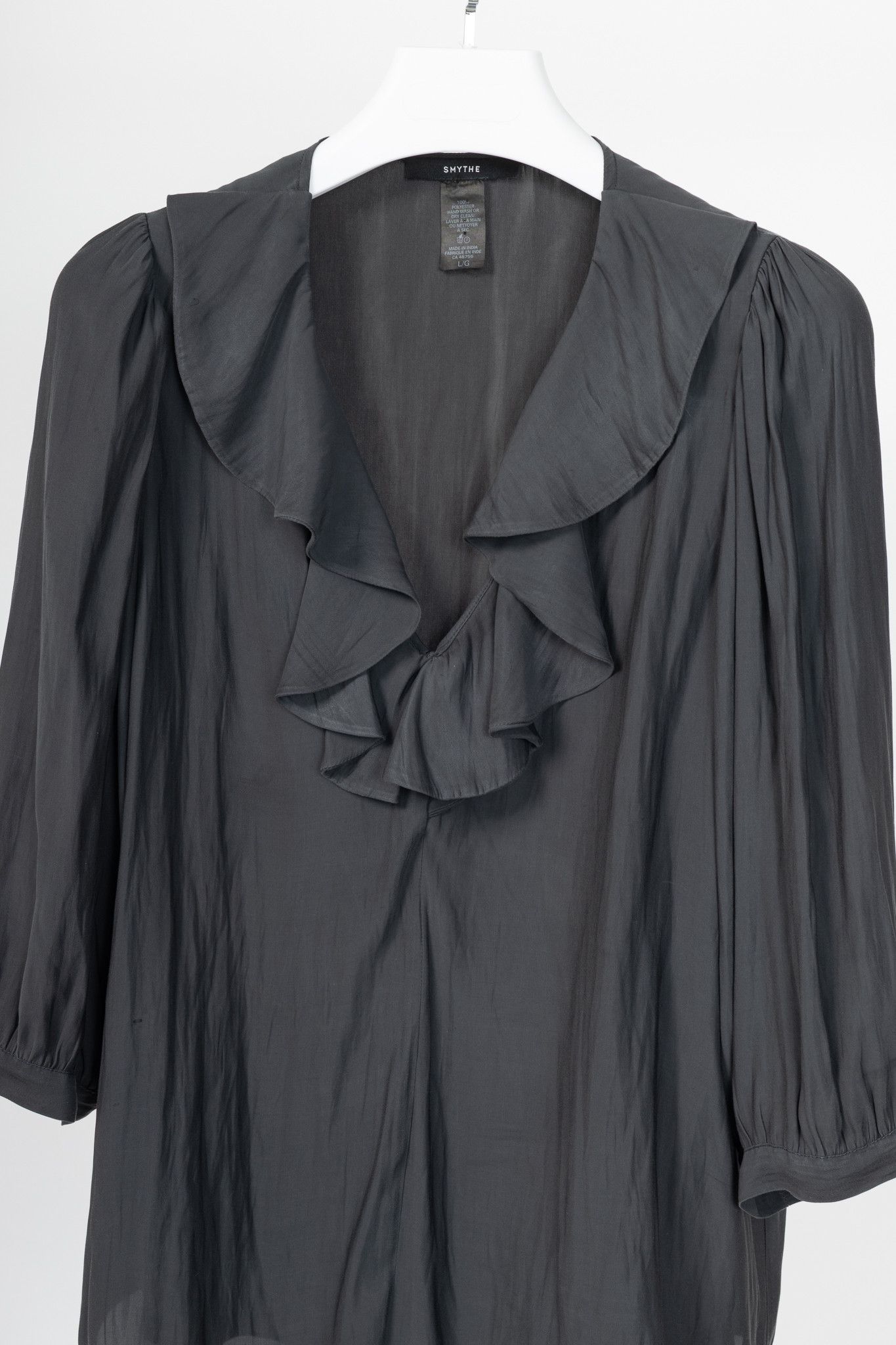 SMYTHE Smythe Carbon Matte-Satin Over-The-Head Ruffle Blouse Size L / US 10 / IT 46 - 3 Thumbnail