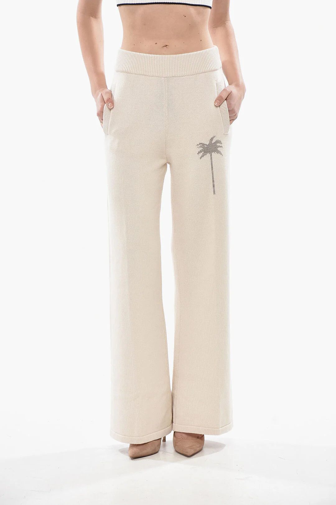 Palm Angels og1mm0326 Knit Palazzo Pant in White Size 30" / US 8 / IT 44 - 1 Thumbnail
