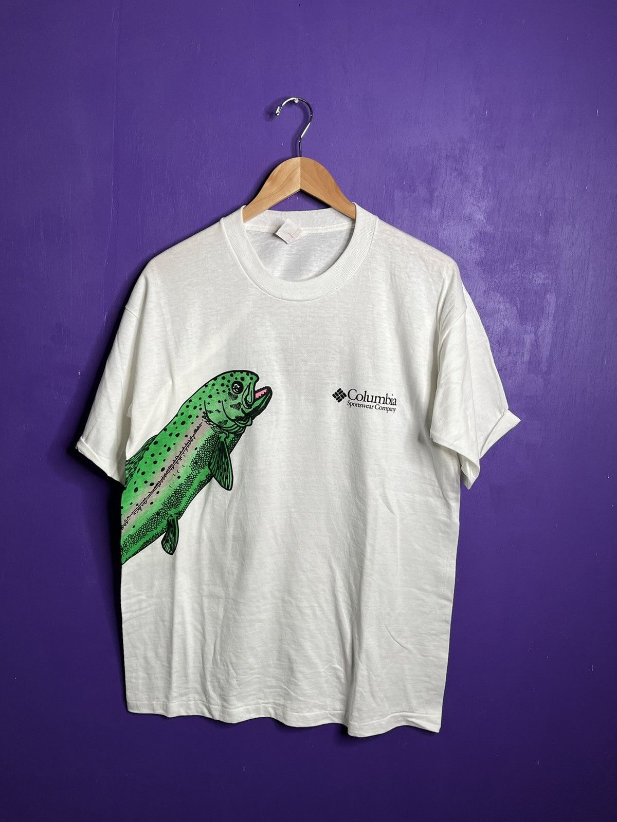 image of Vintage 80's Columbia Sportswear Trout Wrap Around T-Shirt in White, Men's (Size Large)