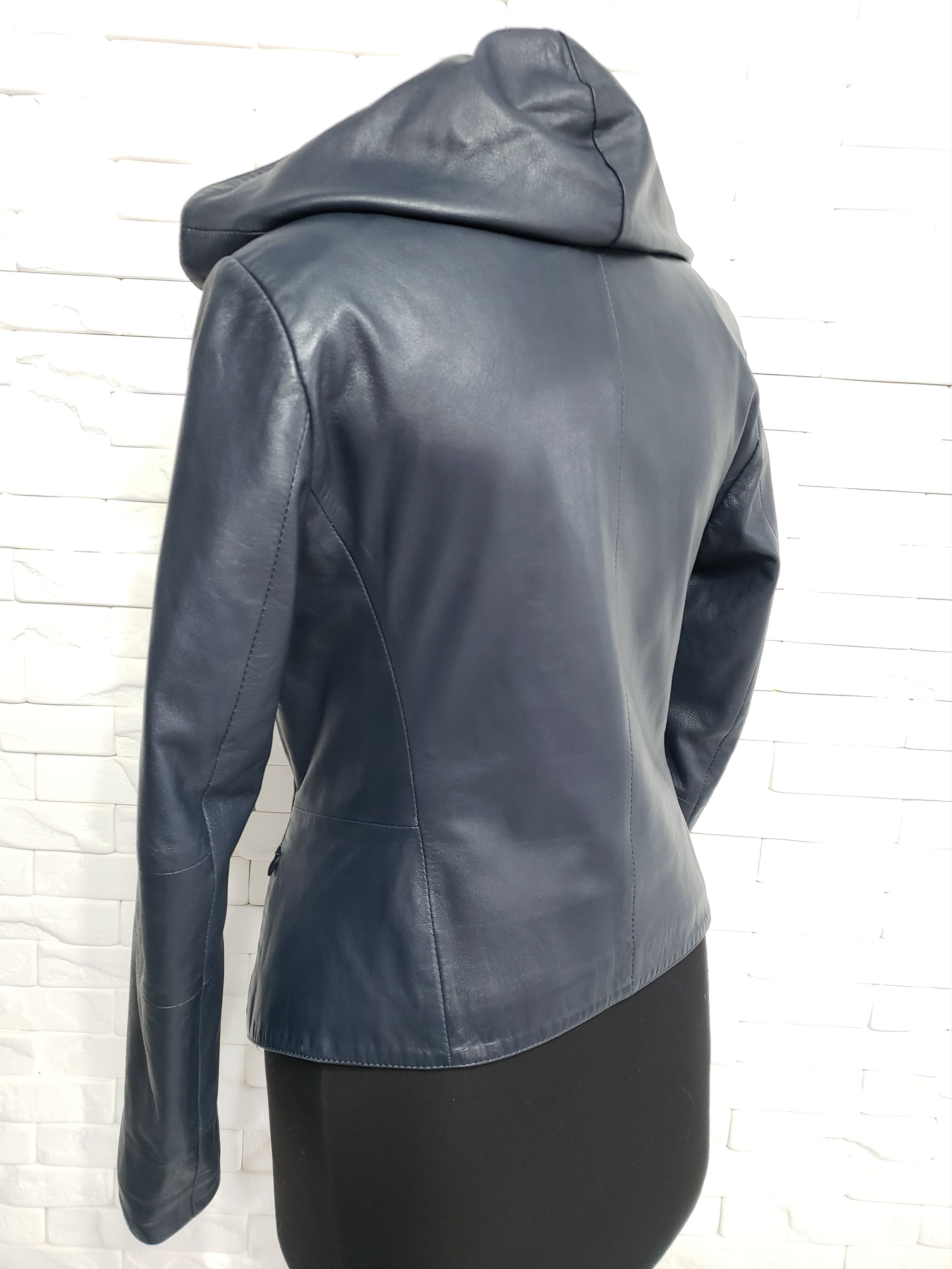 Genuine Leather Stylish blue leather jacket for women with a hood. Size L / US 10 / IT 46 - 6 Thumbnail