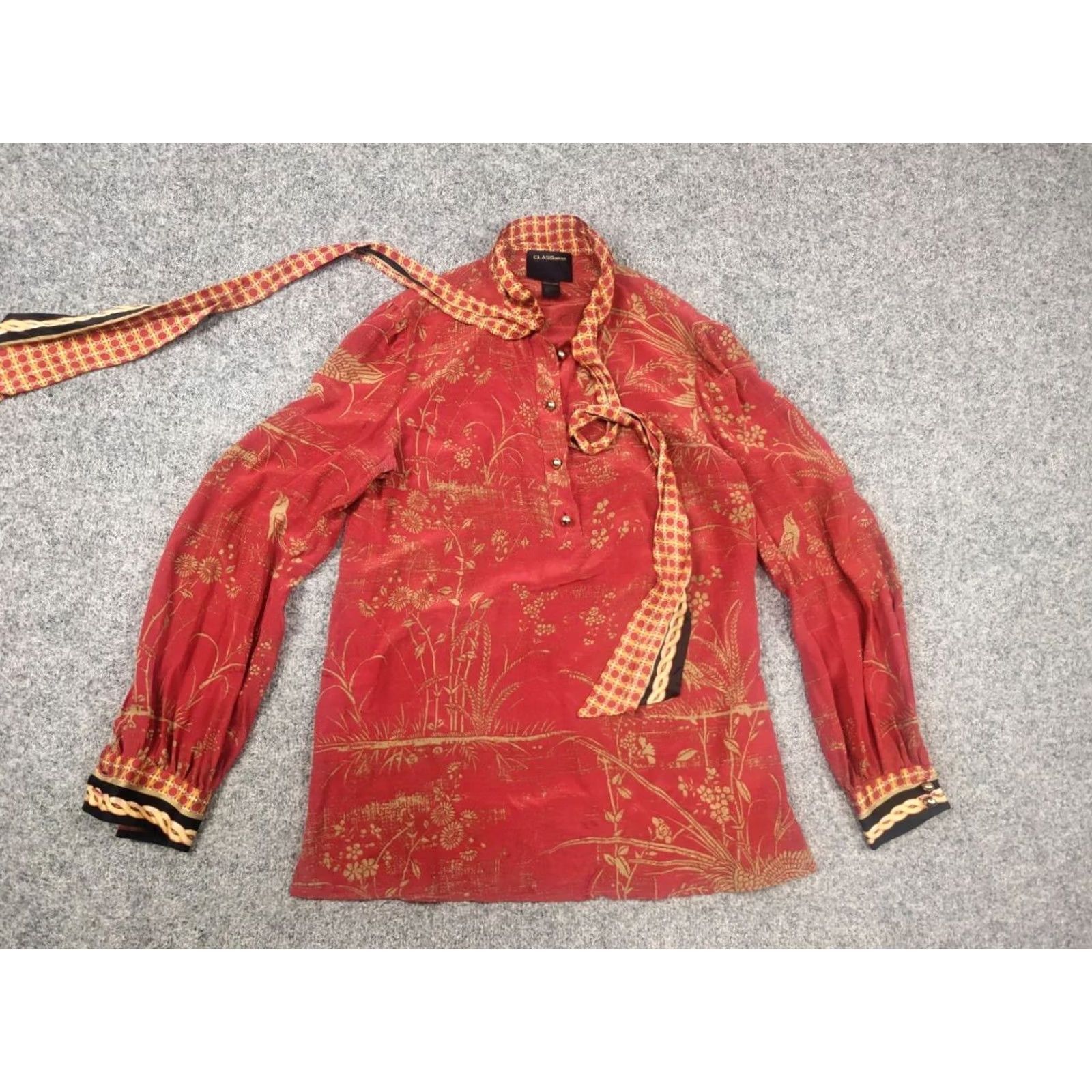Roberto Cavalli Roberto Cavalli Silk Blouse XL Red Floral Pattern Collared Tie Long Sleeve - Womens - Silk - 90s City Designer Theme - Regular Fit - Dry Clean Only Size XL / US 12-14 / IT 48-50 - 7 Thumbnail
