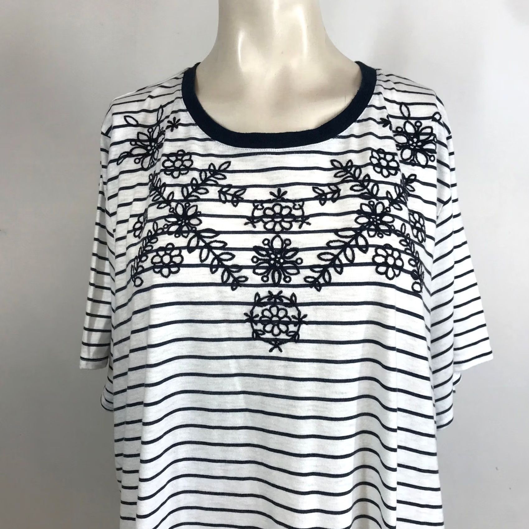 Vintage Lane Bryant Plus Size Tunic Top - Navy White Stripes Floral Embroidery - Womens Shirt Size 3XL / US 20-22 - 2 Thumbnail