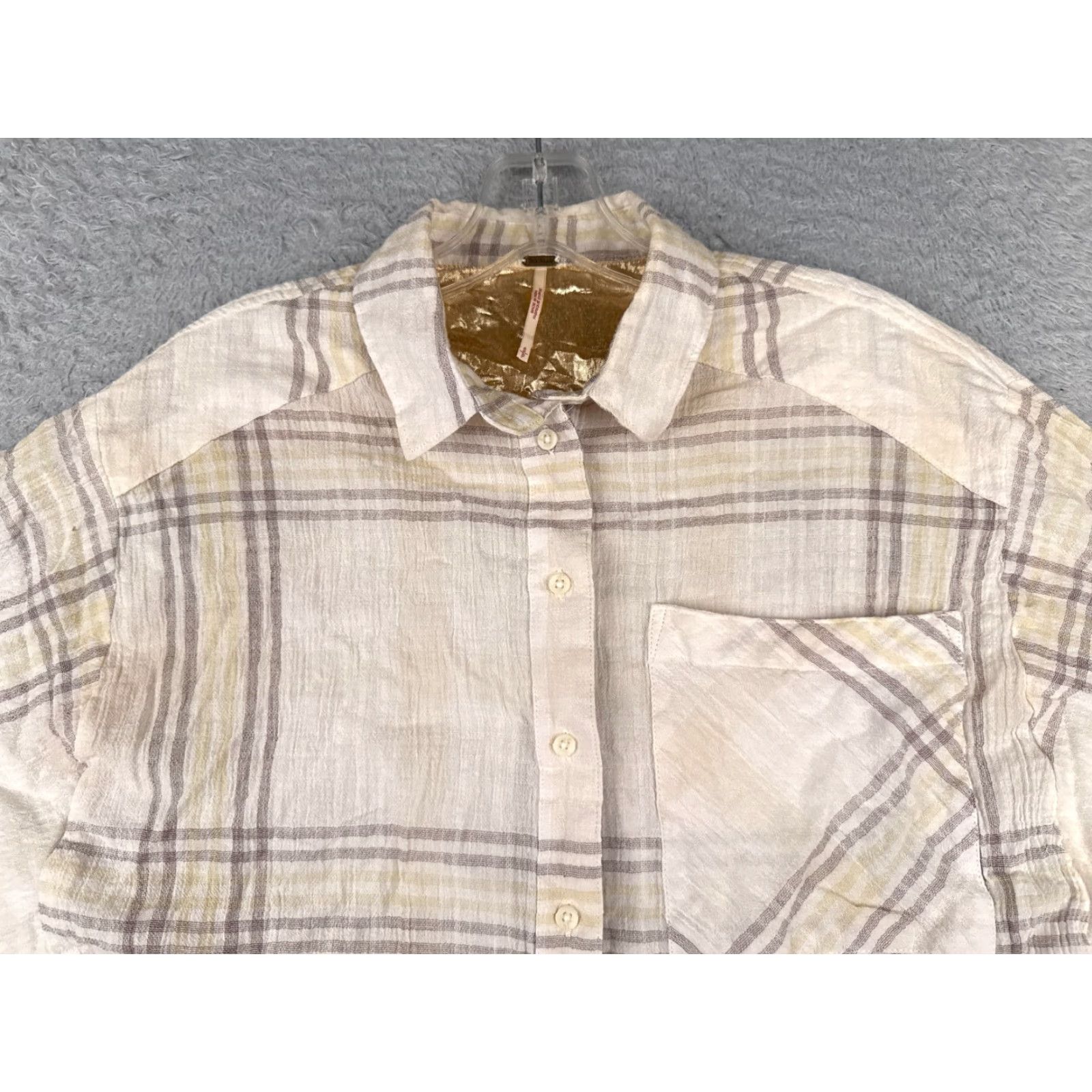 Free People Free People Button-Up Shirt Womens Small Beige Plaid Linen Crop Long Sleeve Casual Size S / US 4 / IT 40 - 4 Thumbnail