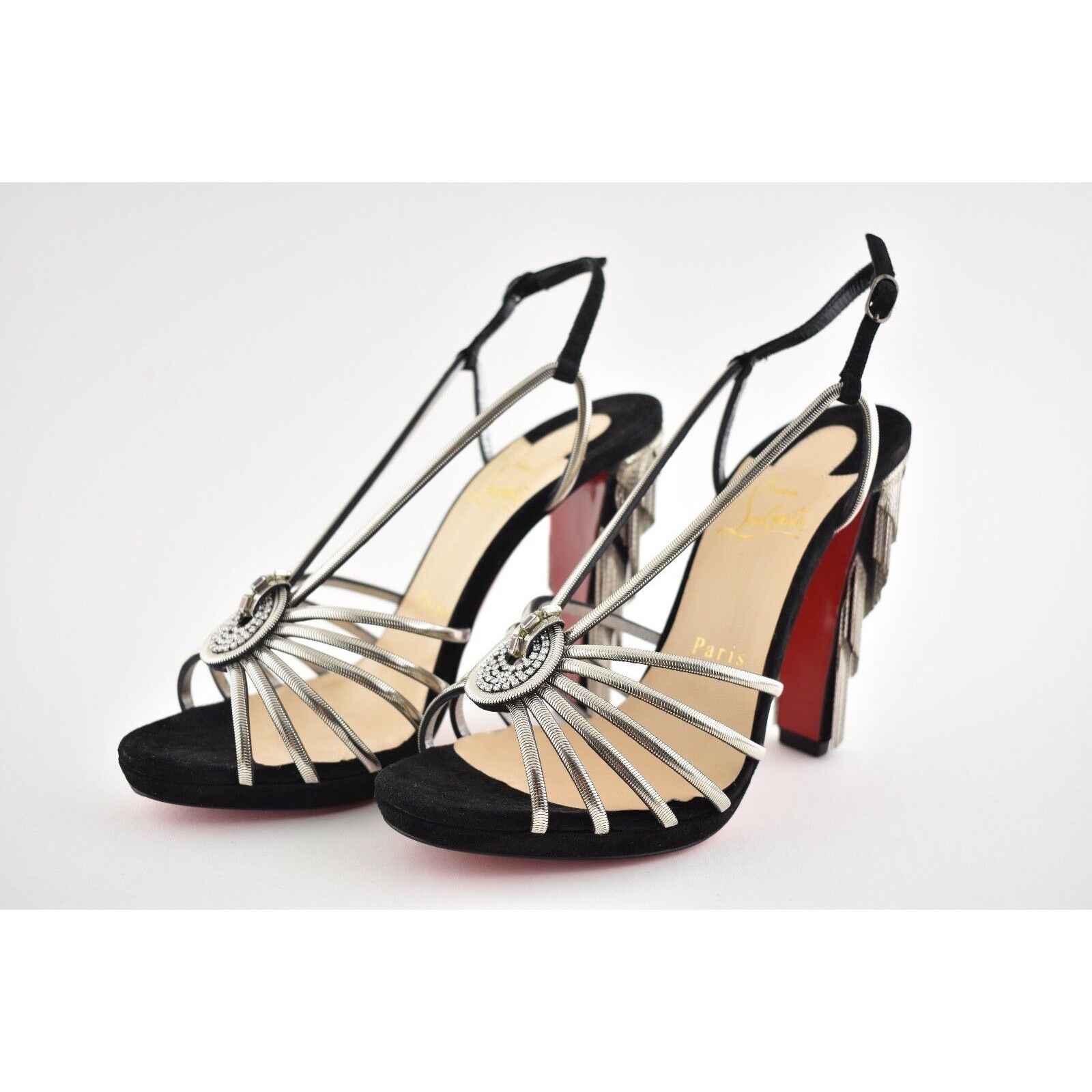 Christian Louboutin Jeanarlow 120 Black Silver Chain Sandal Heel Pump 36.5 Size US 6.5 / IT 36.5 - 10 Thumbnail