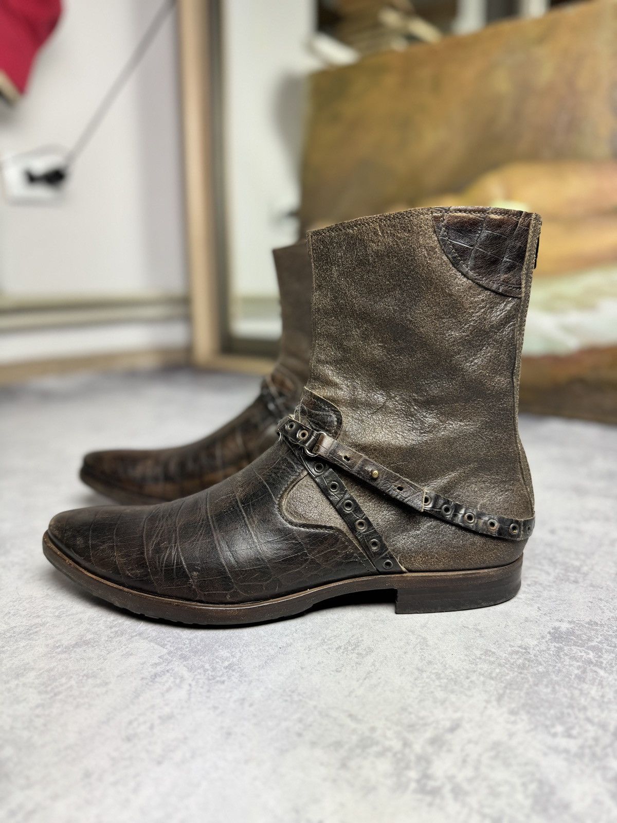 Archival Clothing x Barracuda Leather 00S Y2K Japanese Zip Chelsea Boots Shoes in Brown (Size 9)