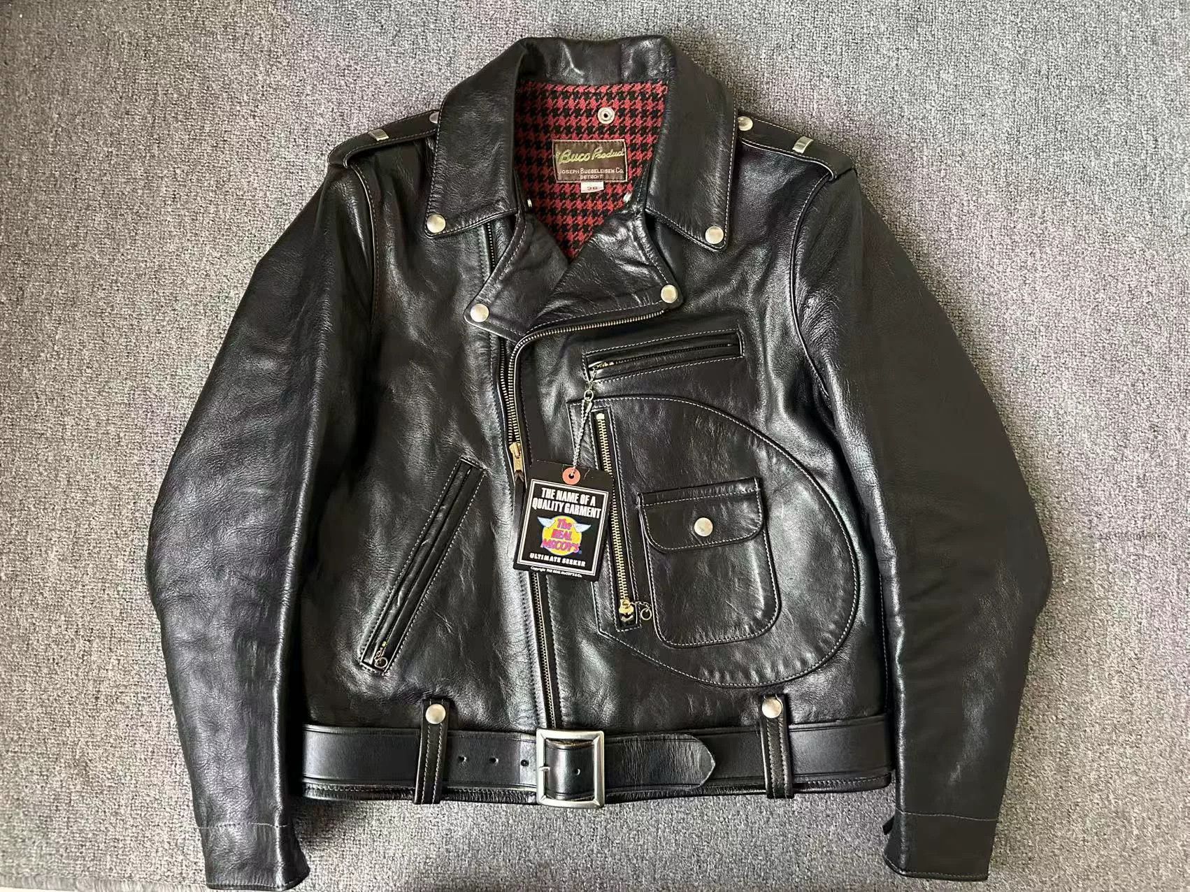 The Real McCoy's black leather motorcycle jacket with houndstooth lining Size US S / EU 44-46 / 1 - 1 Thumbnail