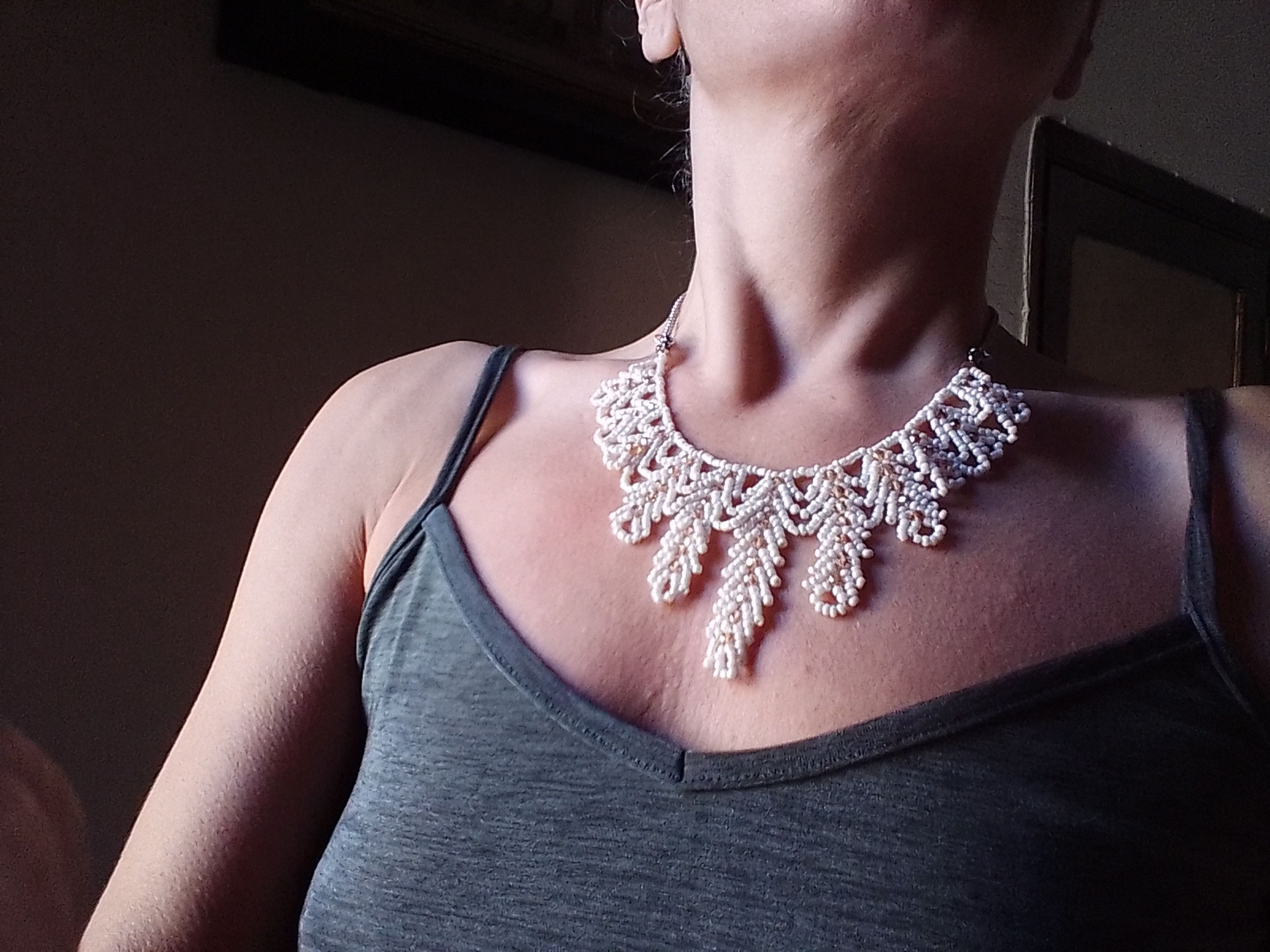 Handmade Necklace Ivory Elegant Wedding Embroidered Crystals Earrings Size ONE SIZE - 3 Thumbnail