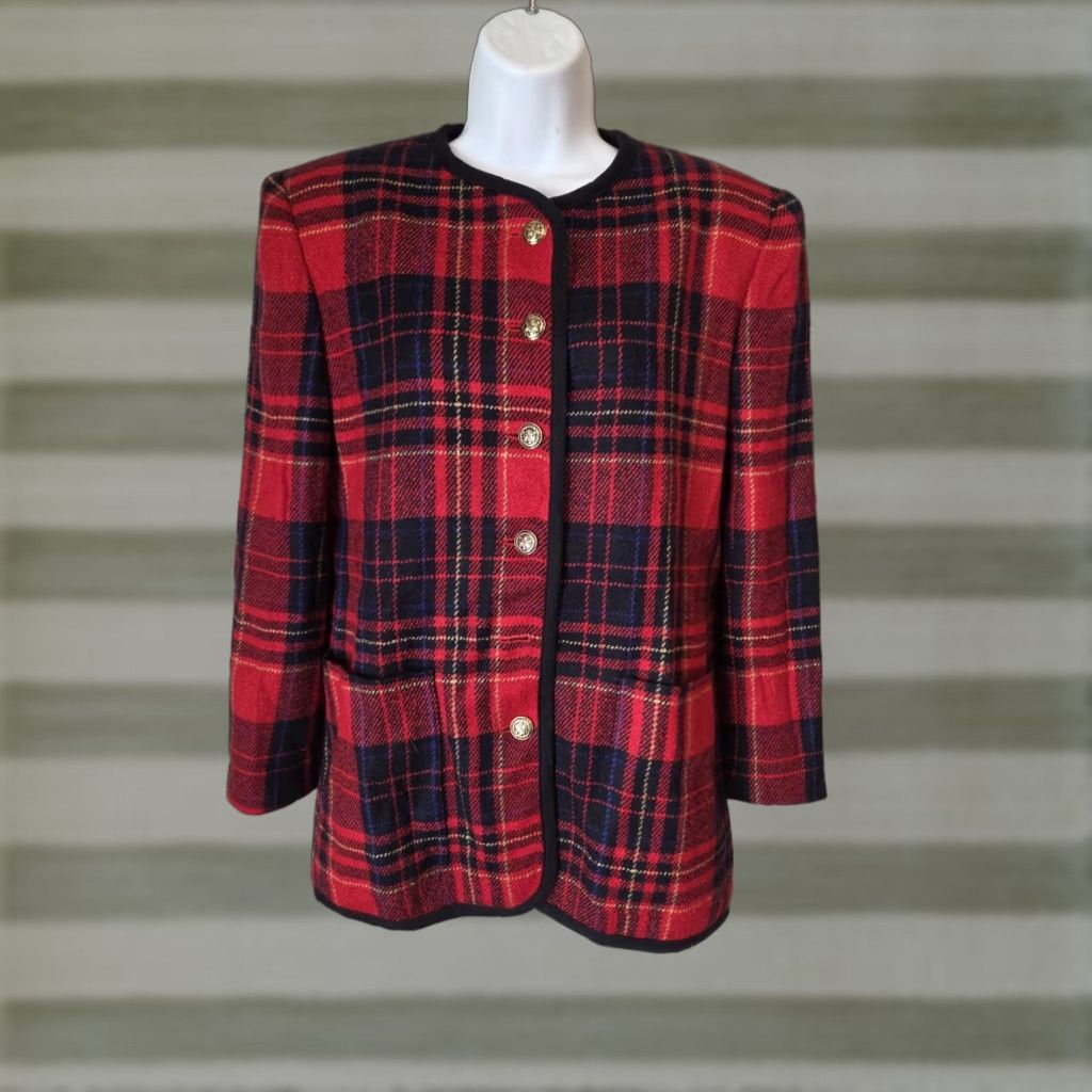 Liz Claiborne VINTAGE Liz Claiborne Blazer Wool Blend Red Plaid Five-Button Front Jacket 6 Womens Size M / US 6-8 / IT 42-44 - 1 Thumbnail