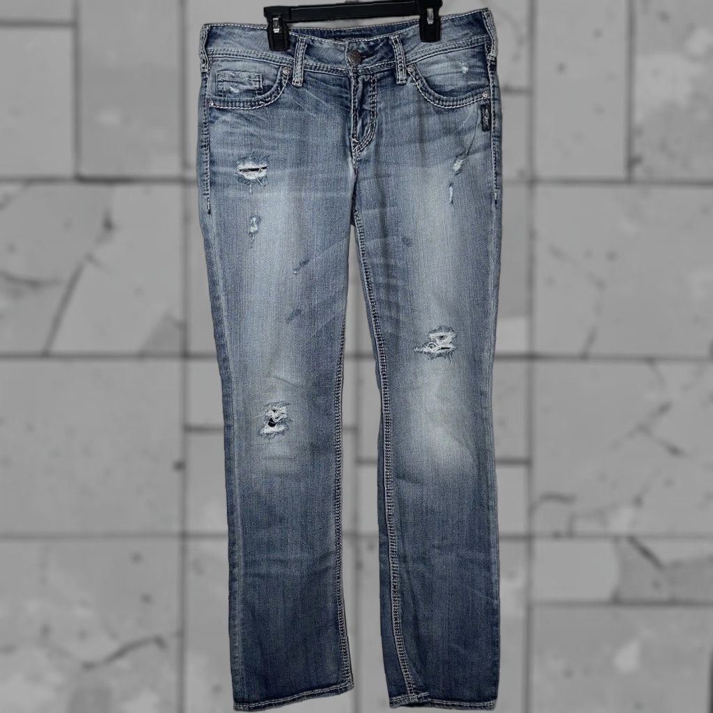 Silver Jeans Co. Silver Jeans Co Jeans Adult Women 30x32 Blue Distressed Cotton Blend Straight Womens Size 30" / US 8 / IT 44 - 1 Thumbnail