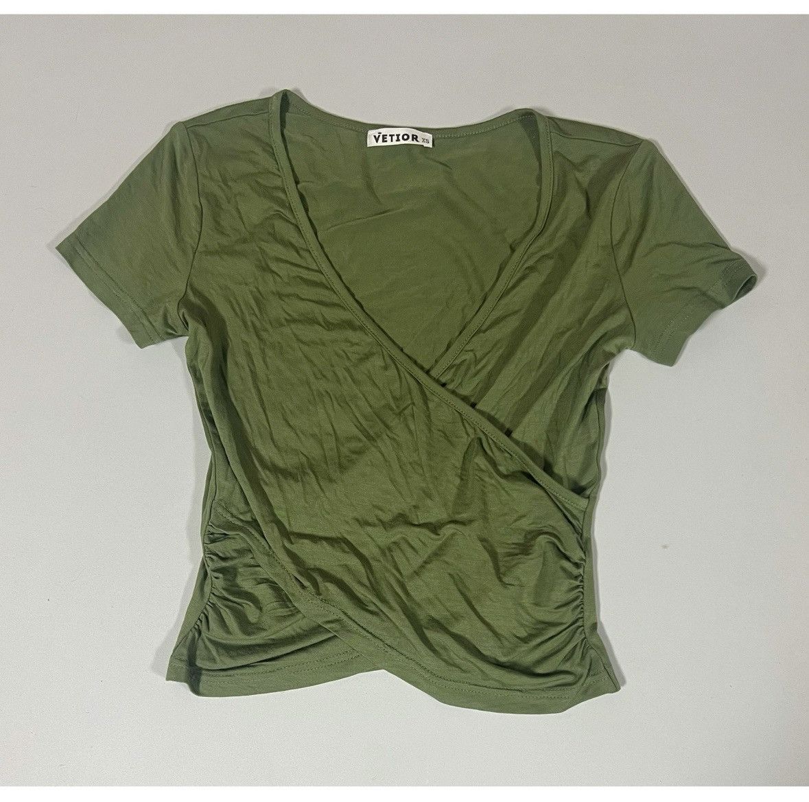 Japanese Brand Olive Green Wrap Ruched Tee Shirt Top Blouse Size XS ✨boho Size XS / US 0-2 / IT 36-38 - 1 Thumbnail