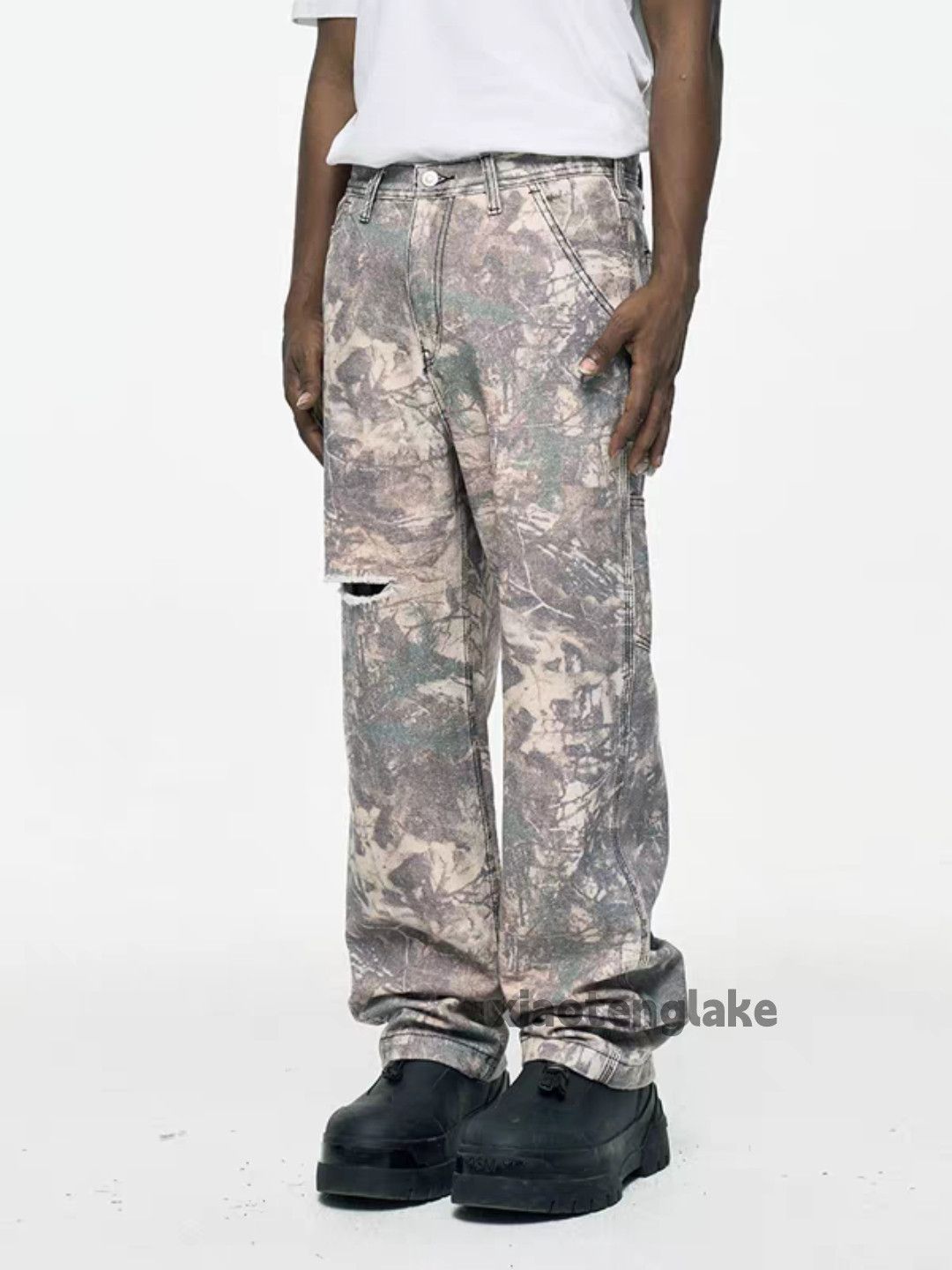 Unisex washed faded loose real tree pattern cargo jeans