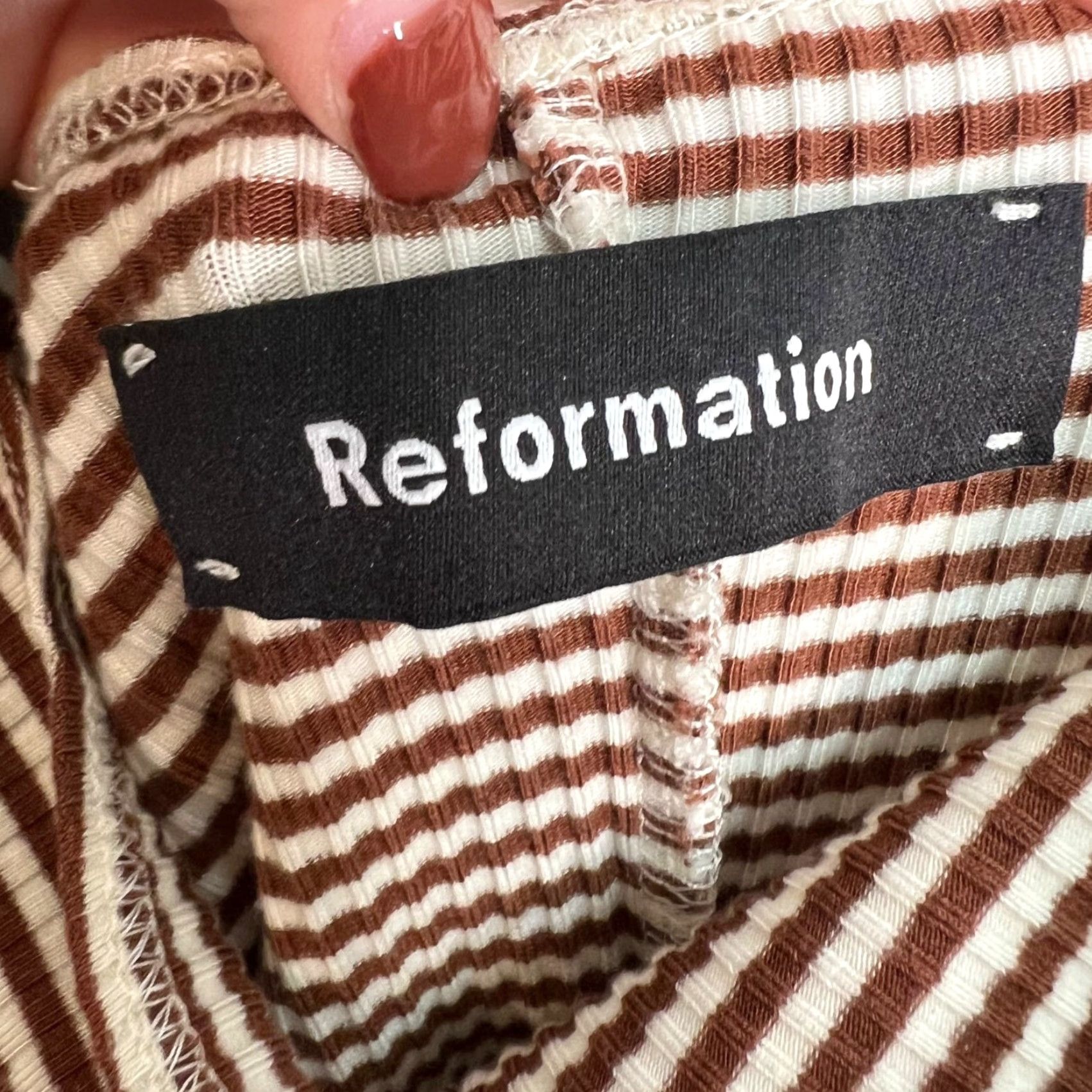 Reformation Reformation Bodysuit Shirt Womens Small Brown White Striped Ribbed Sleeveless Spandex Tencel Casual Spring Summer Basic Stretch Womens S Bodysuit Size S / US 4 / IT 40 - 3 Thumbnail