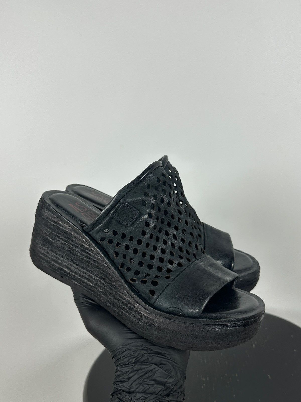 A.S.98 A.S.98 Black Perforated Leather Platform Slide Mules Sandals Size US 7 / IT 37 - 1 Thumbnail