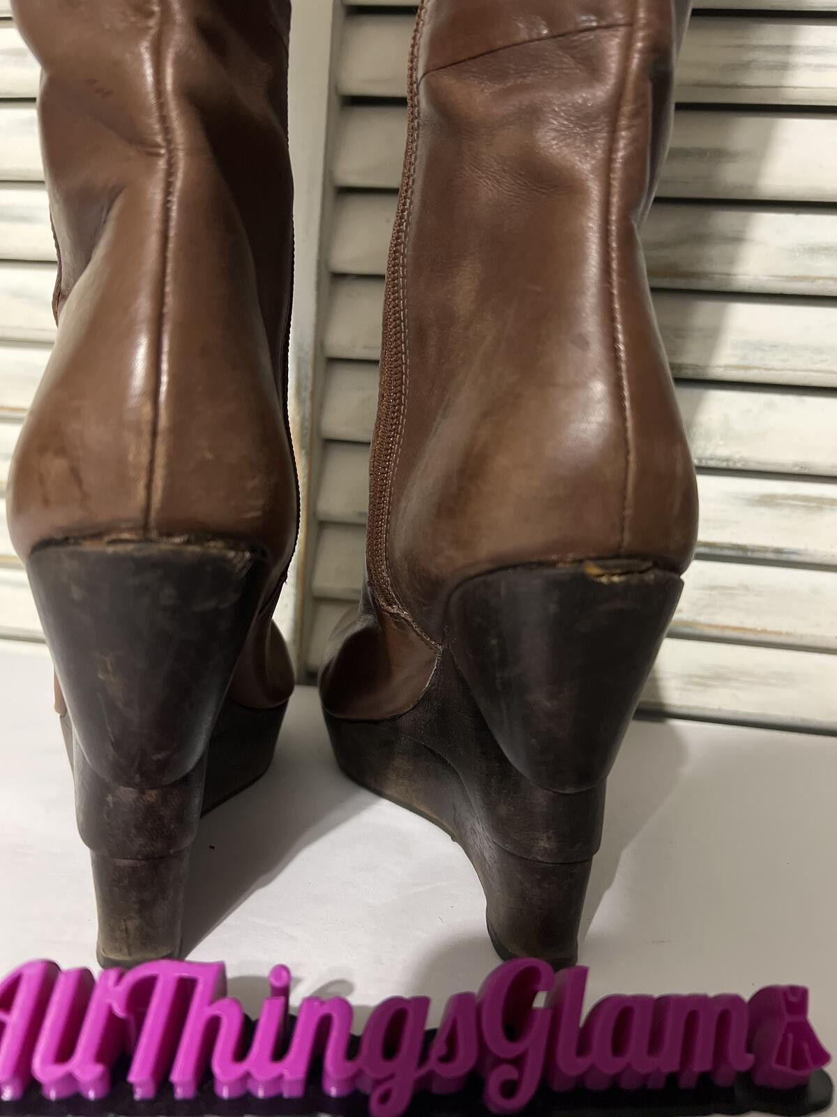 Diane von Furstenberg DVF Brown Leather Wedge Knee-High Boots Gold Zipper 8.5 Size US 8.5 / IT 38.5 - 6 Thumbnail