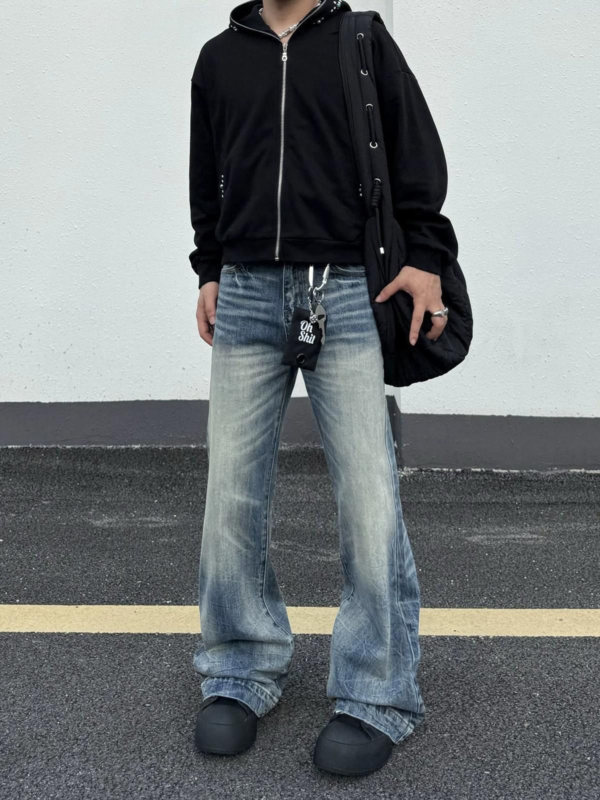 Jean Whiskered Blue Wide Leg Jeans, Loose Fit Denim Pants Size US 30 / EU 46 - 1 Thumbnail