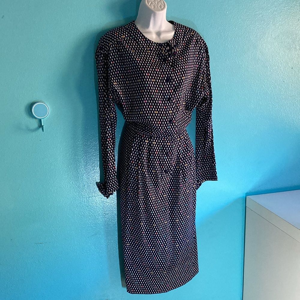 Nina Ricci Nina Ricci Vintage 1980's Silk Midi Dress Navy Diamond Patte Size L / US 10 / IT 46 - 7 Thumbnail