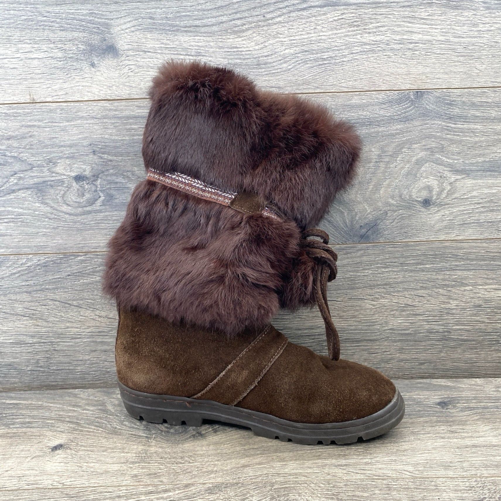 VINTAGE Minnetonka Women's Boot Brown Faux Fur Suede Bootie Size 8 Mid-Calf Warm Cozy Boots Womens