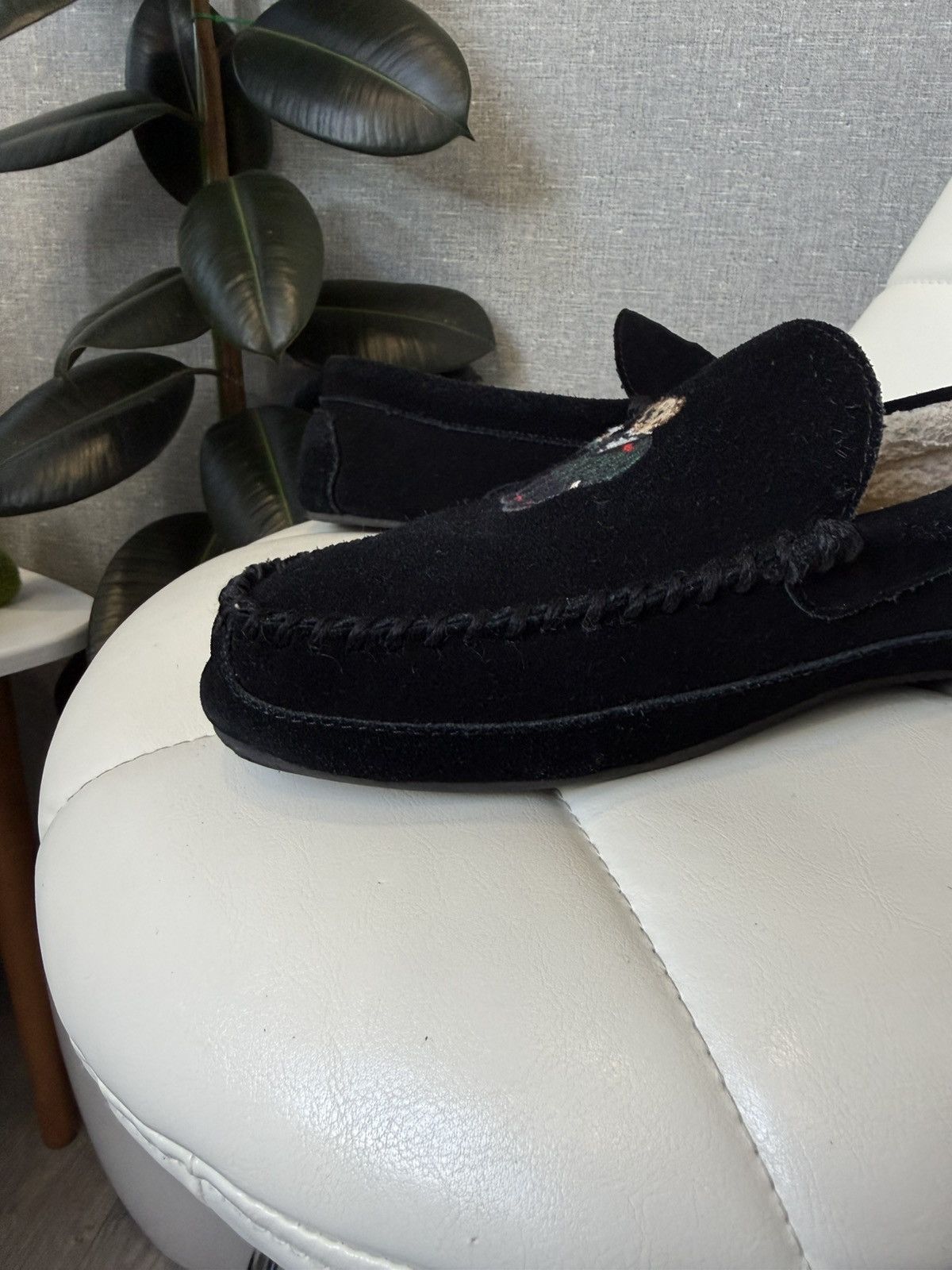 Polo Ralph Lauren Polo Bear Moccasin Slippers Mens Black Suede Shearling Shoes Size US 12 / EU 45 - 13 Thumbnail