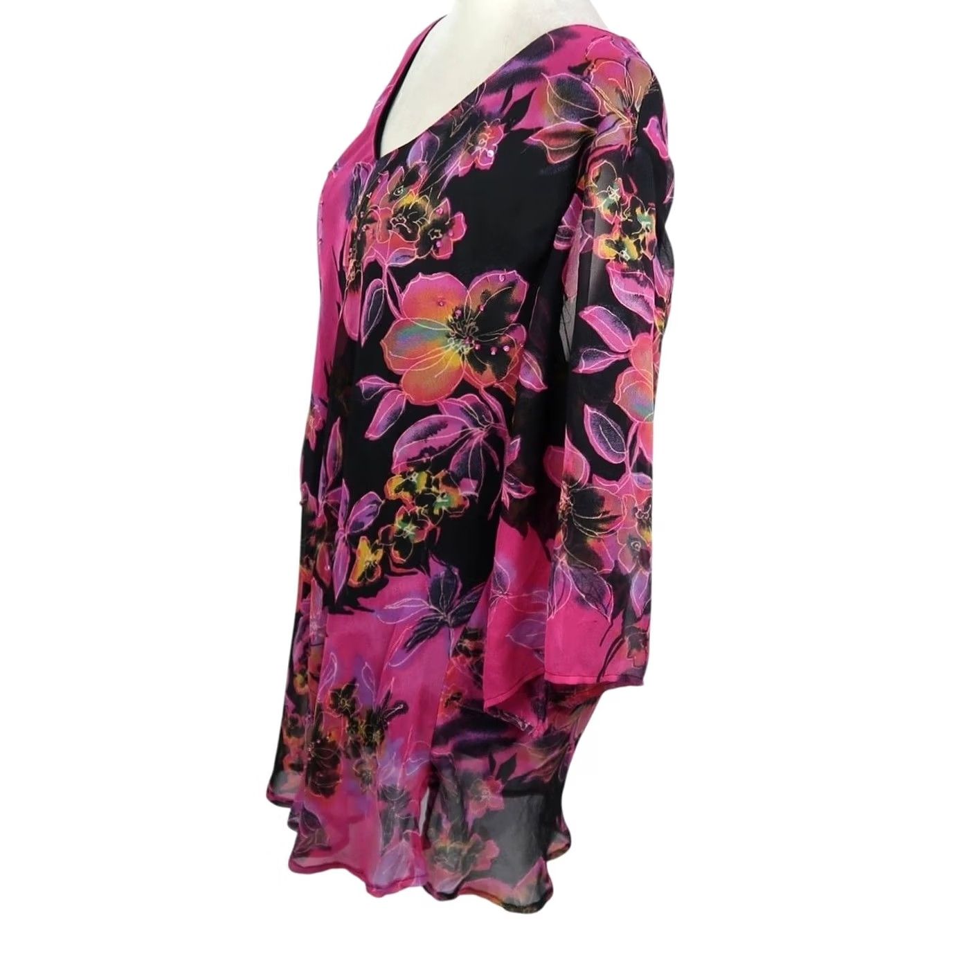 Vintage 90s Vintage JMD Signature Black and Pink Floral Silk Beaded Tunic Top Size L / US 10 / IT 46 - 3 Thumbnail
