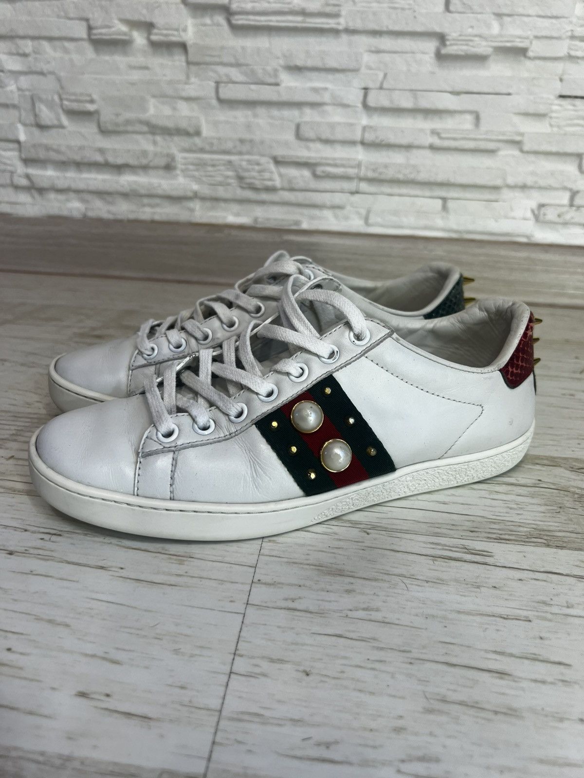 Gucci Gucci Ace Pearl Studded Leather Sneakers Size 35.5 Size US 8 / IT 38 - 1 Thumbnail