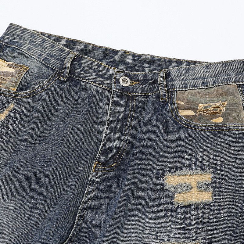 Jean Camouflage Patchwork Hole Bottom Jeans Size US 35 - 3 Thumbnail