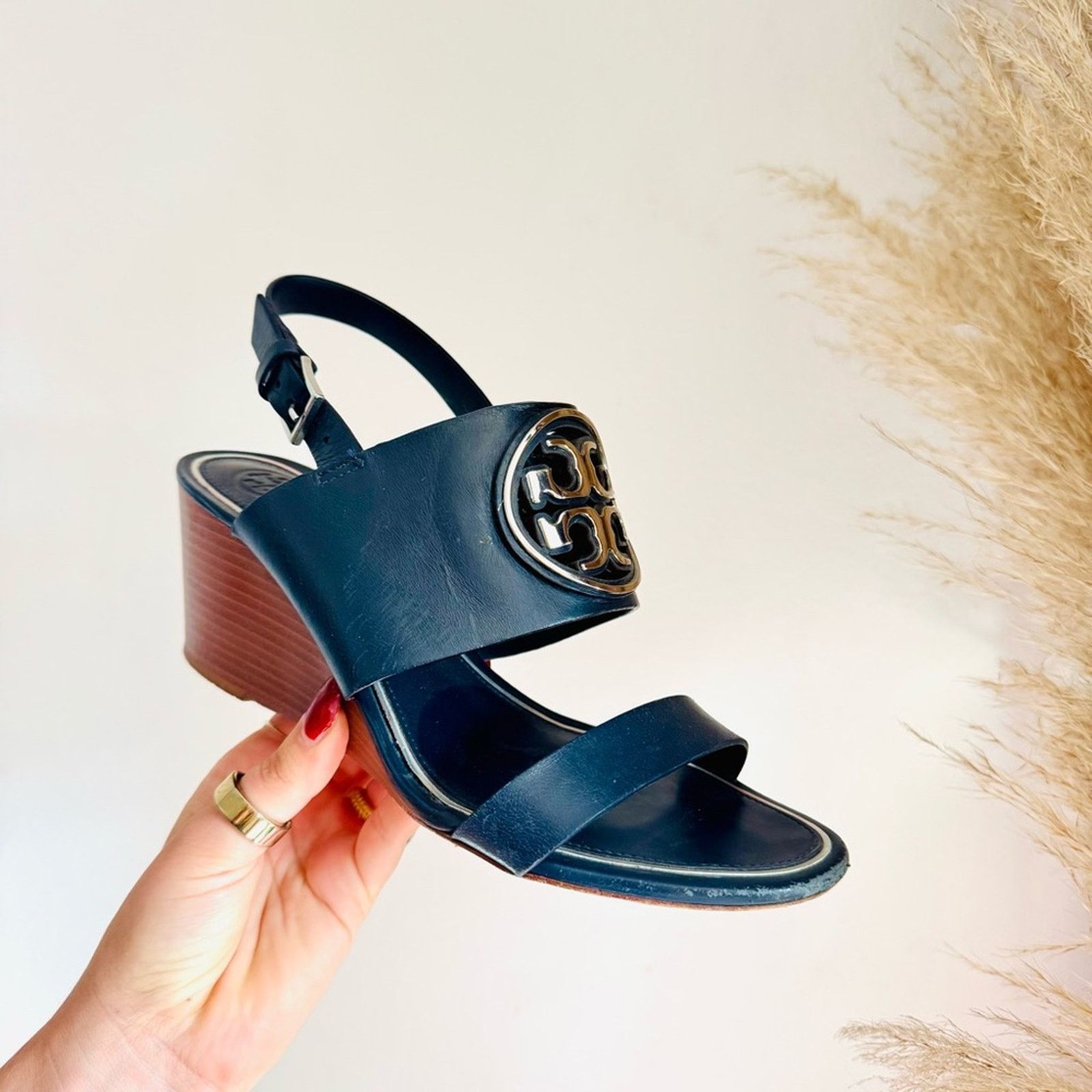 Tory Burch TORY BURCH Navy Blue Leather Silver Miller Wedge $350 Sandal Size US 8.5 / IT 38.5 - 10 Thumbnail