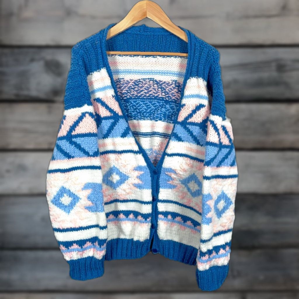 Vintage VINTAGE Handknit Wool Cowichan Cardigan Women's XL Blue Pink Aztec Heavyweight Sweater Size XL / US 12-14 / IT 48-50 - 1 Thumbnail