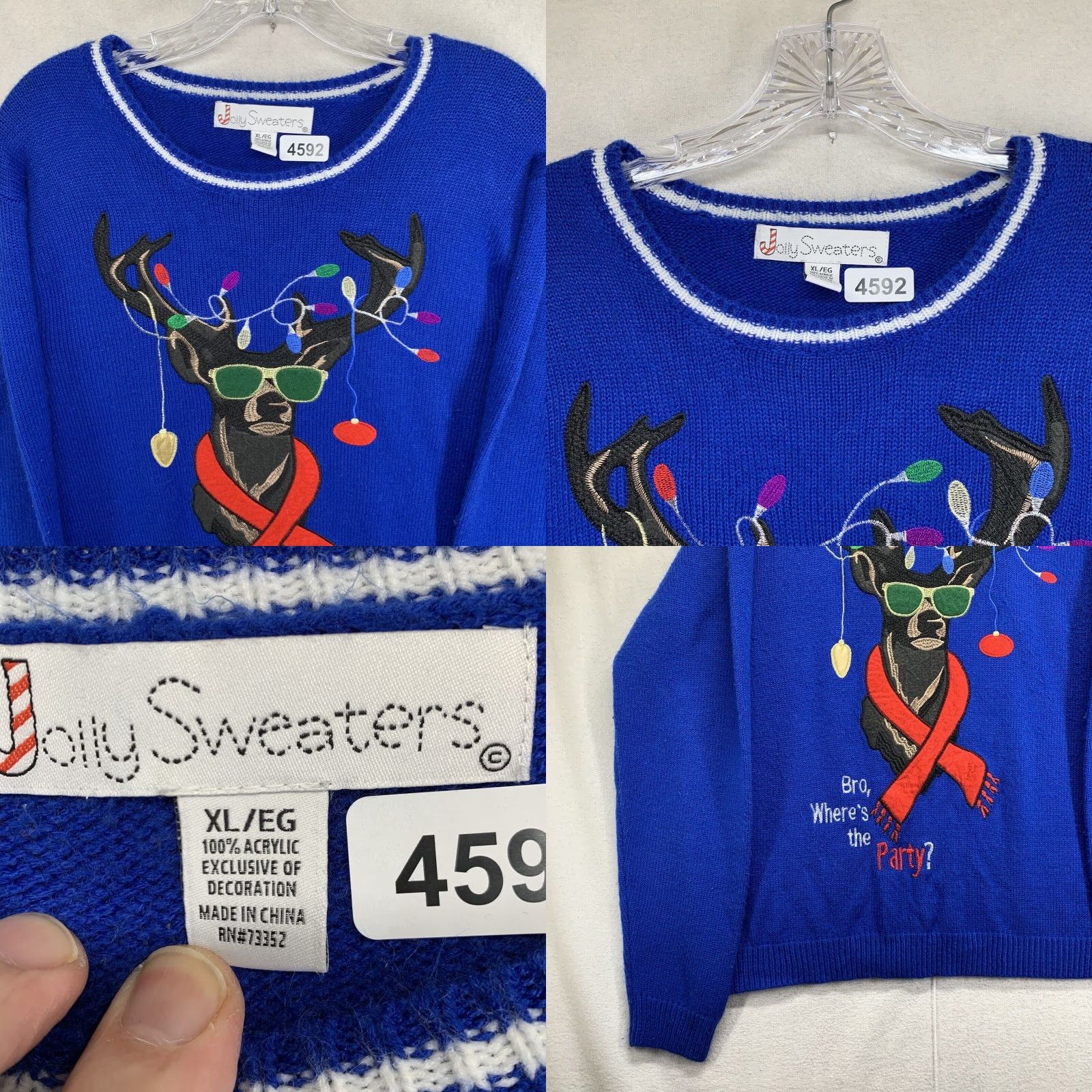 Vintage VINTAGE Ugly Christmas Sweater Big Head Rain Dear Embroidered Pullover XL Blue Unisex Adults Size US XL / EU 56 / 4 - 8 Thumbnail