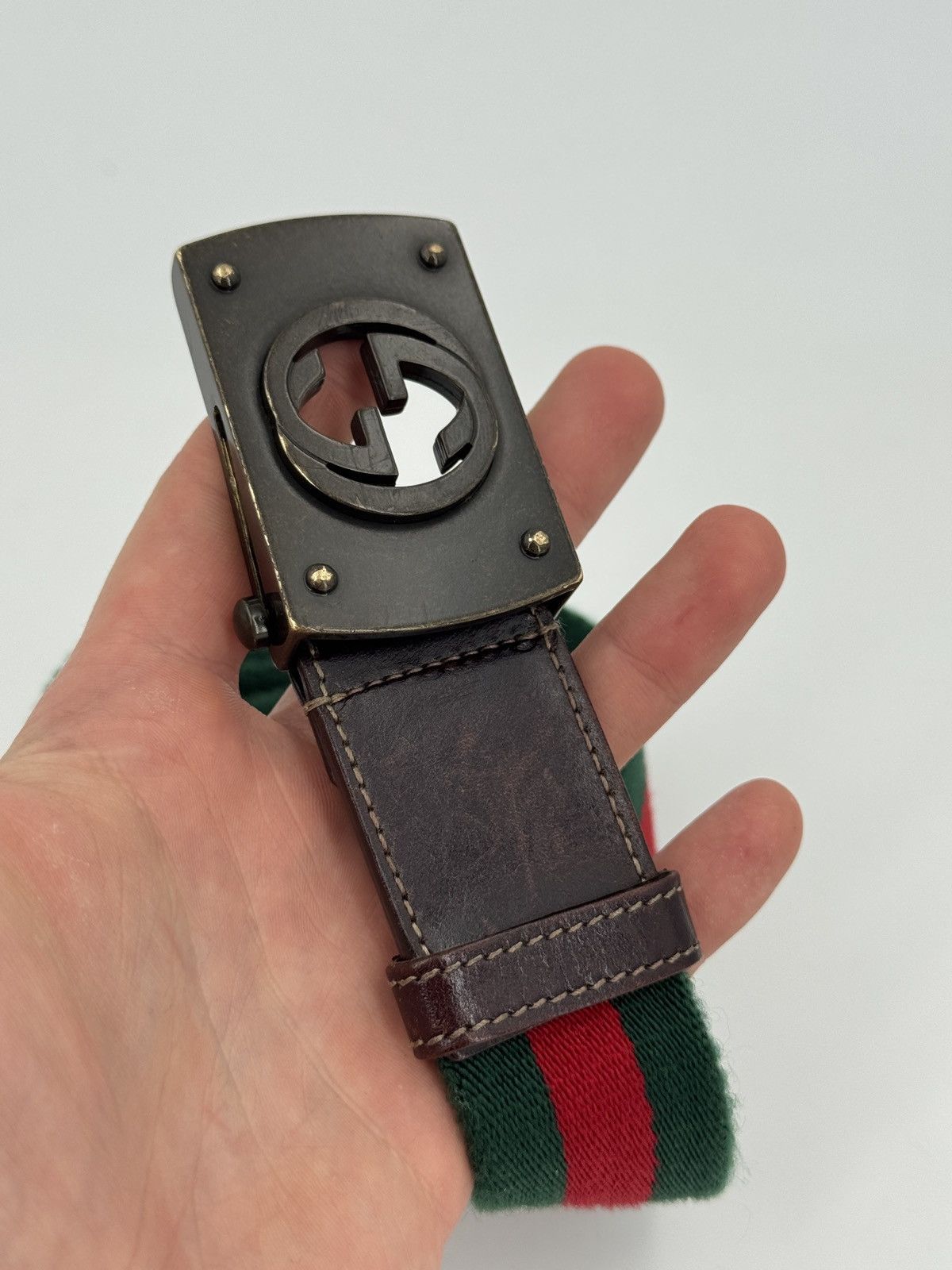 Gucci Gucci Web Green/Red Canvas Belt with Antique Interlocking G Size ONE SIZE - 3 Thumbnail