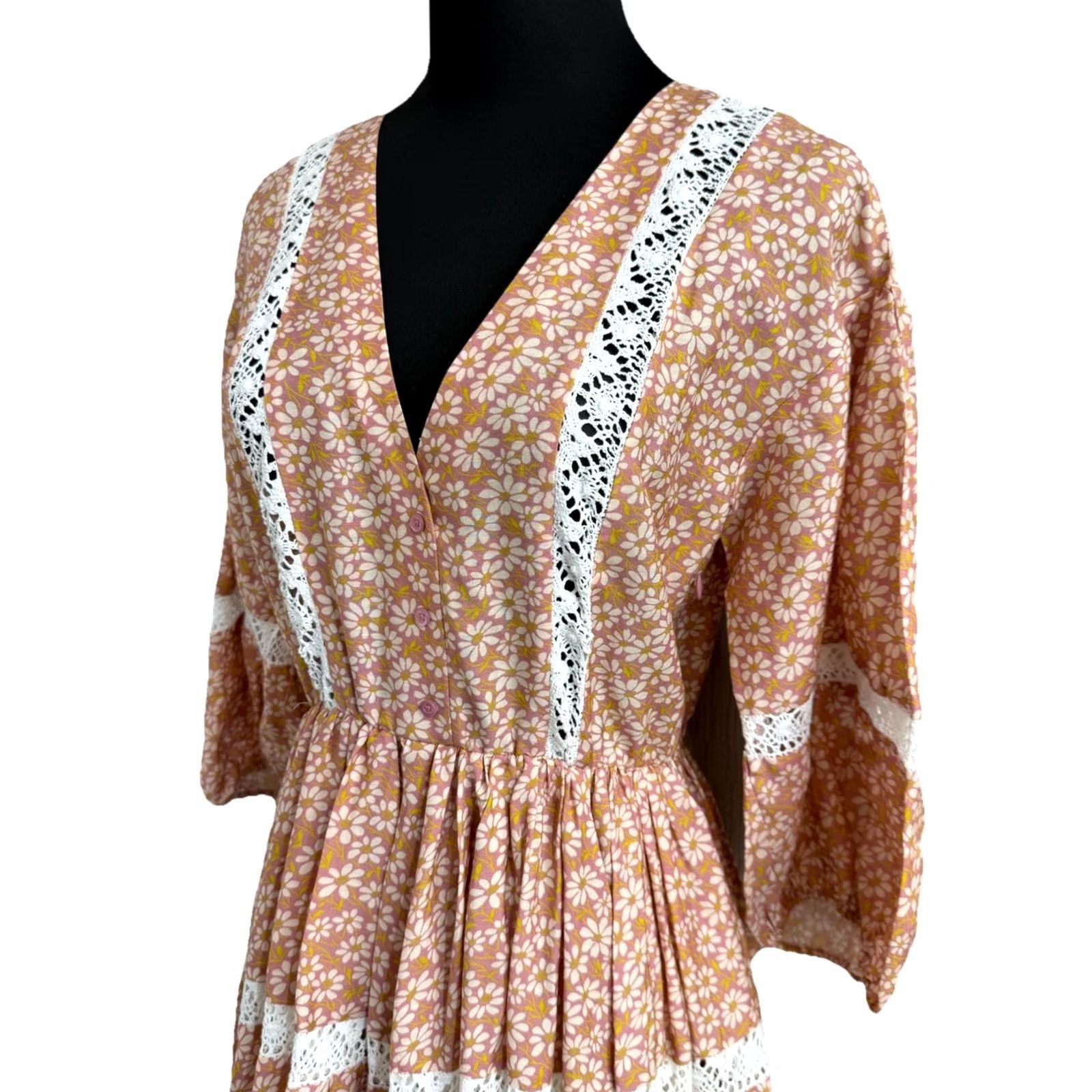 Maje Maje Rayanik Mini Dress Pink Floral Print Linen Blend 36 Midi Dress Women Vintage Floral Lace Pleated Girls Mens Size XS / US 0-2 / IT 36-38 - 6 Thumbnail