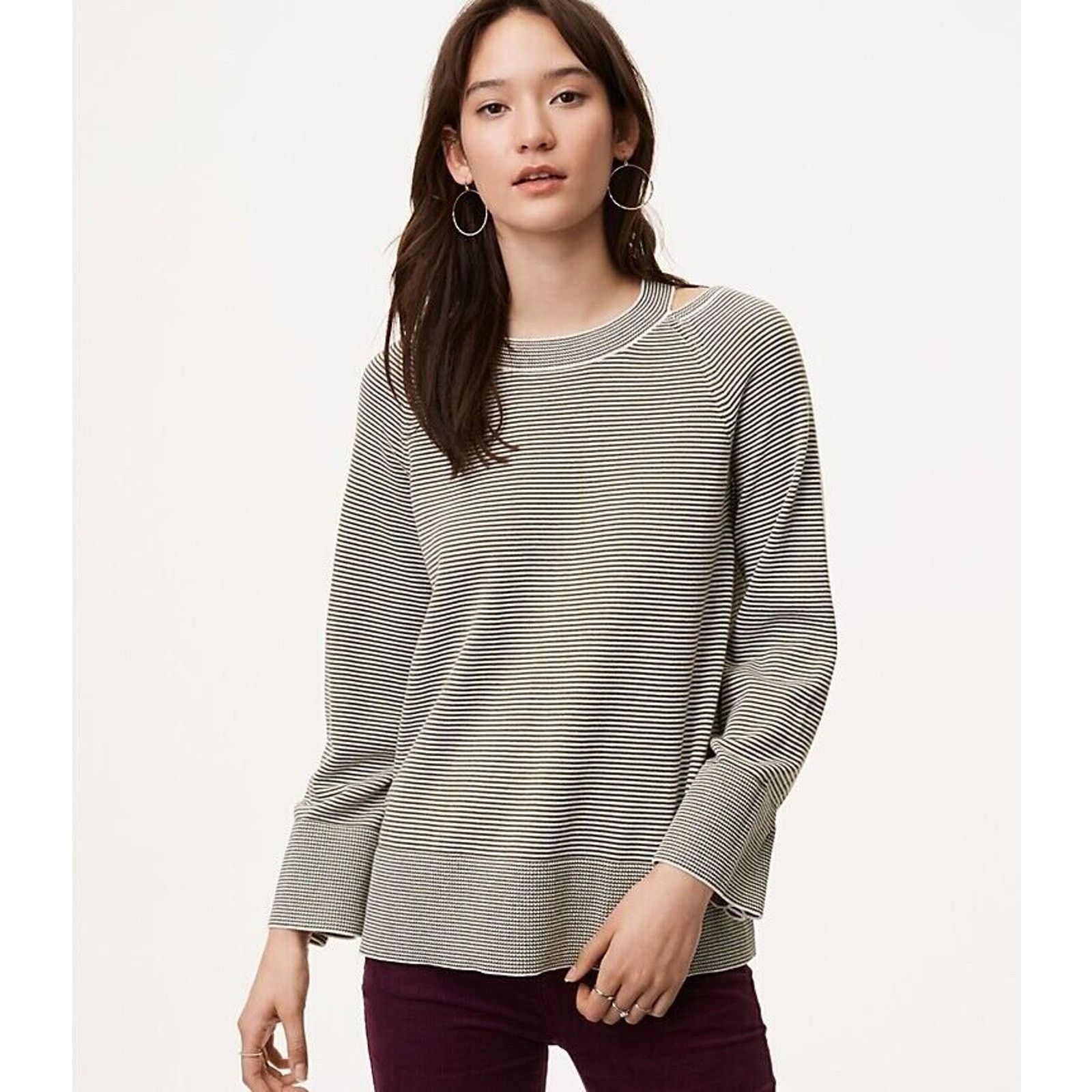 Loft LOFT Striped Cutout Swing Sweater Gray White Flare Ribbed M Size M / US 6-8 / IT 42-44 - 9 Thumbnail