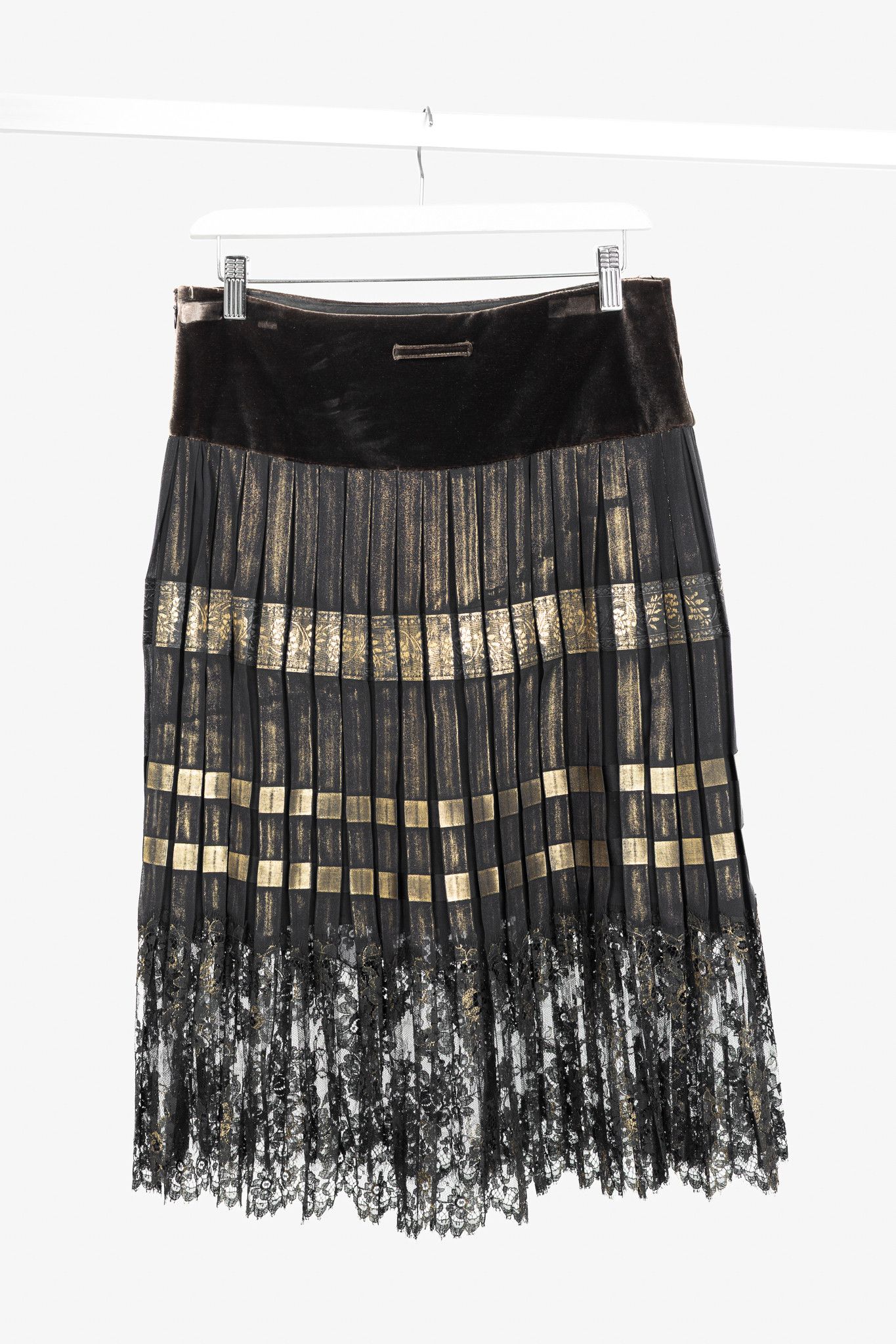 Jean Paul Gaultier Jean Paul Gaultier Silk Foil Pleated Lace-Hem Midi Skirt Size 30" / US 8 / IT 44 - 2 Thumbnail
