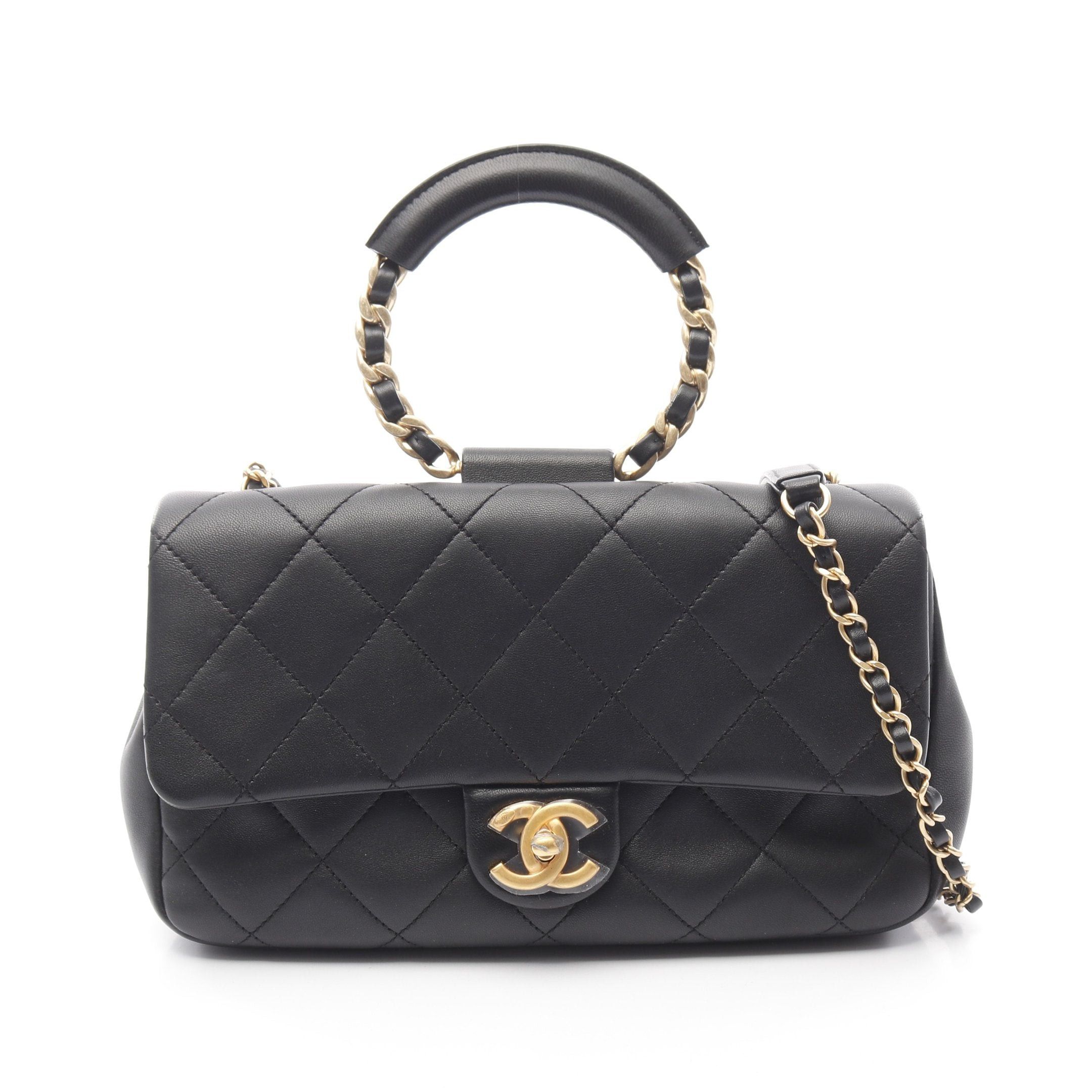 Chanel Matelasse Top Handle Chain Shoulder Bag Leather Black Gold Hardware, Women's