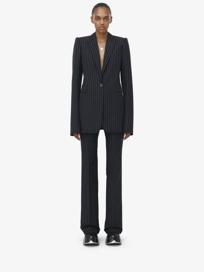 Alexander McQueen o1srvl11e0226 Pinstripe Stacked Shoulder Jacket Black/White Size L / US 10 / IT 46 - 3 Thumbnail