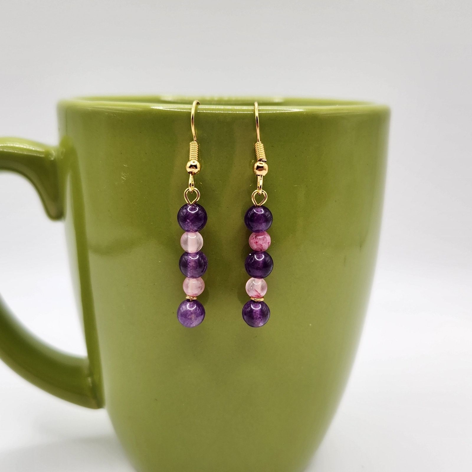 Other Handmade Purple Agate & Persian Pink Jade Dangle Earrings 2" Size ONE SIZE - 3 Thumbnail