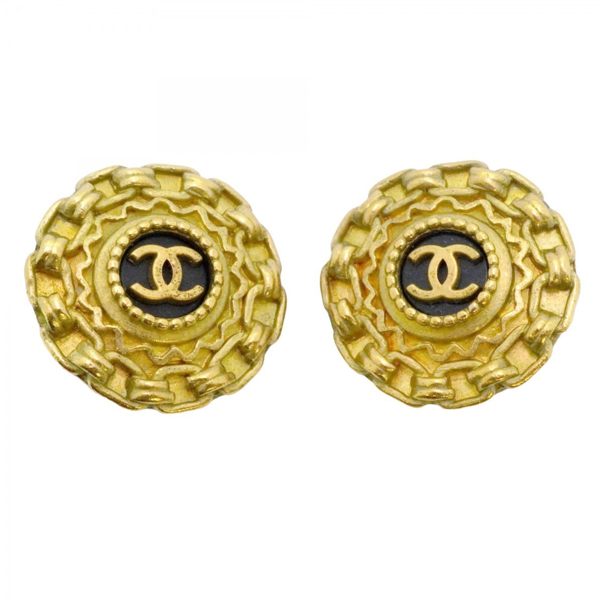 Chanel Coco Mark Earrings GP Plated Gold Black Women's