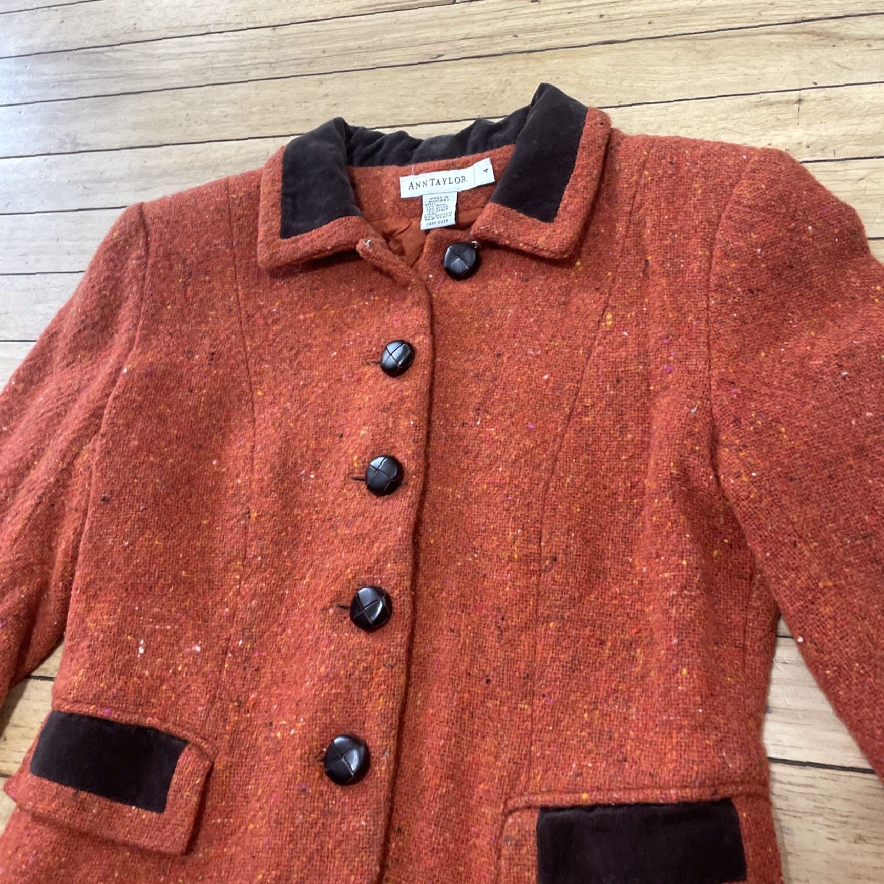 Ann Taylor VINTAGE Ann Taylor Wool Jacket Women 4 Orange Button Blazer 90s Grunge Art Wood Knit Casual Business Size S / US 4 / IT 40 - 4 Thumbnail