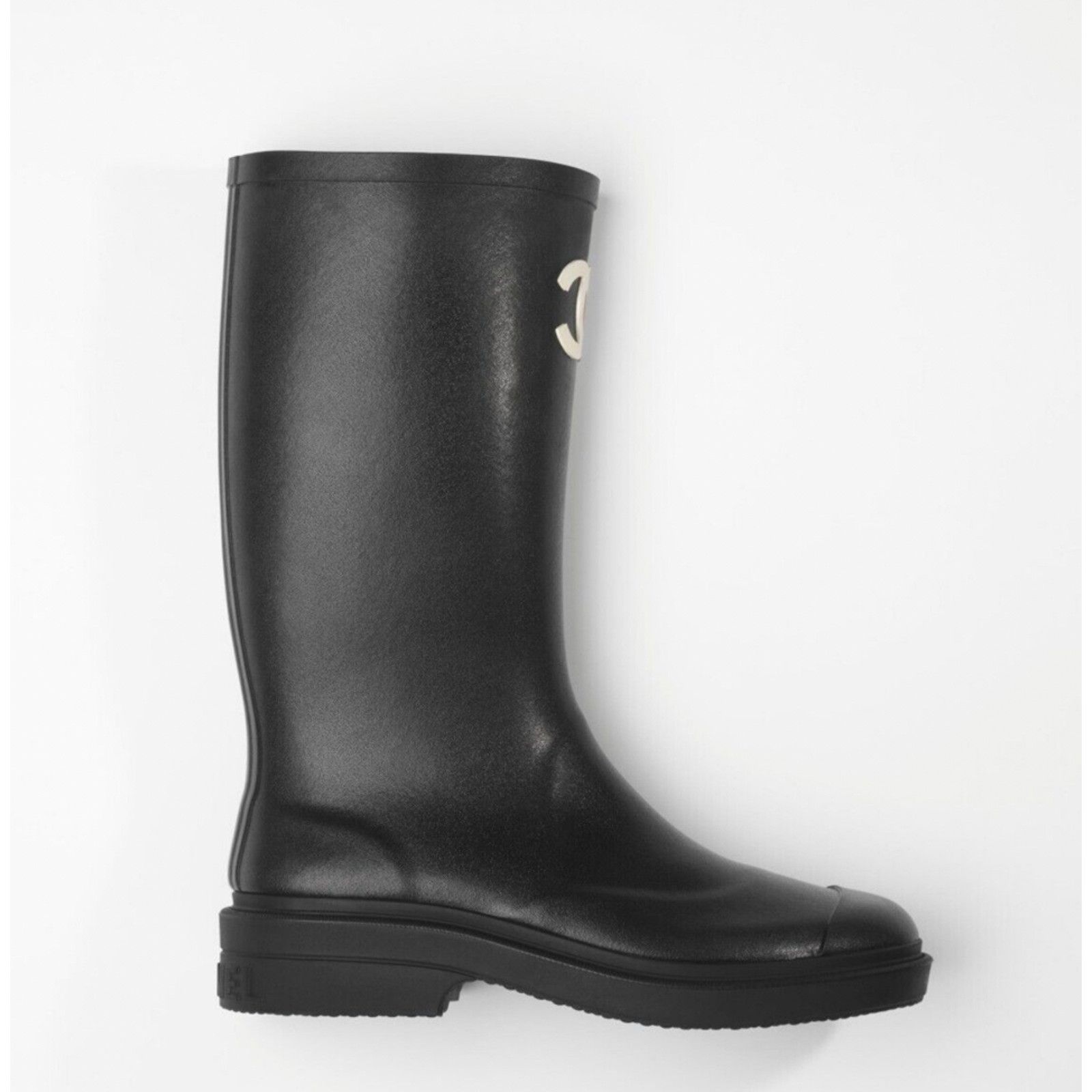 Chanel REV Black White CC Logo High Rubber Rain Boots 35
