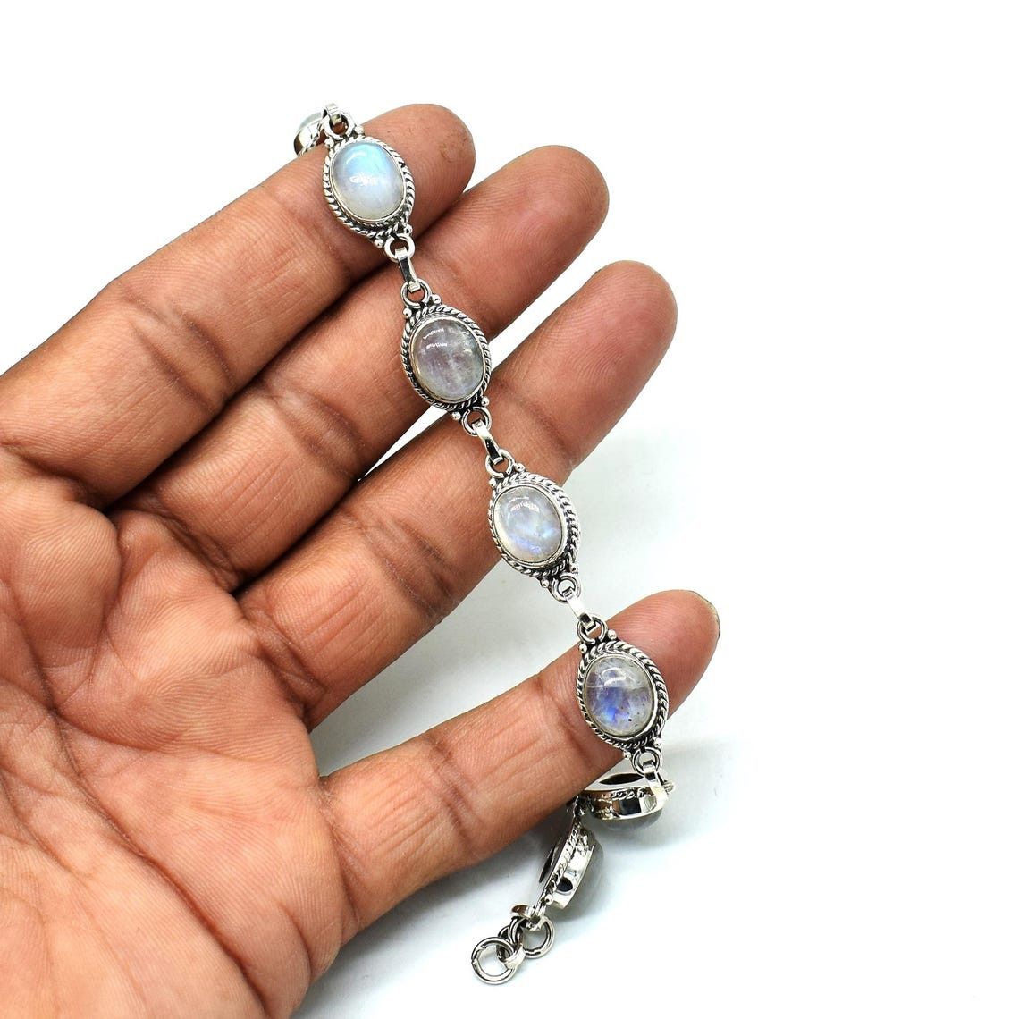Handmade Rainbow Moonstone Gemstone Bracelet, 925 Silver Bracelet Size ONE SIZE - 6 Thumbnail