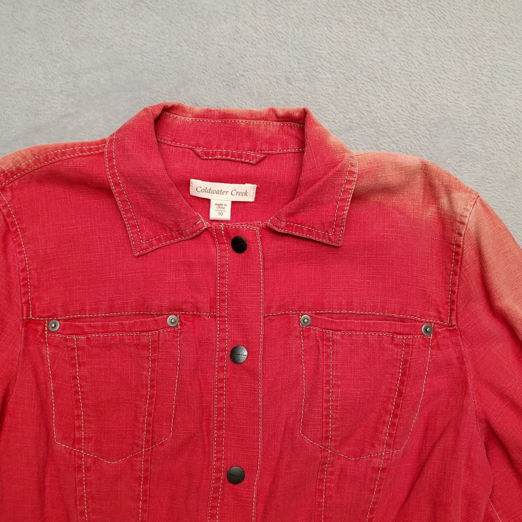 Coldwater Creek Coldwater Creek Jacket Womens 10 Red Linen Blend Sun Faded Long Sleeve Casual Shirt, Women, 1960s USA Theme Size L / US 10 / IT 46 - 2 Thumbnail