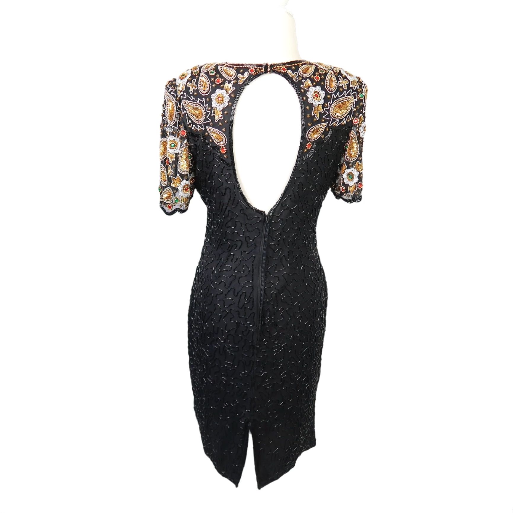 Vintage VINTAGE Laurence Kazar Cocktail Dress Silk Beaded Sequin Black Gold M Adults Women (1980s) Size M / US 6-8 / IT 42-44 - 5 Thumbnail