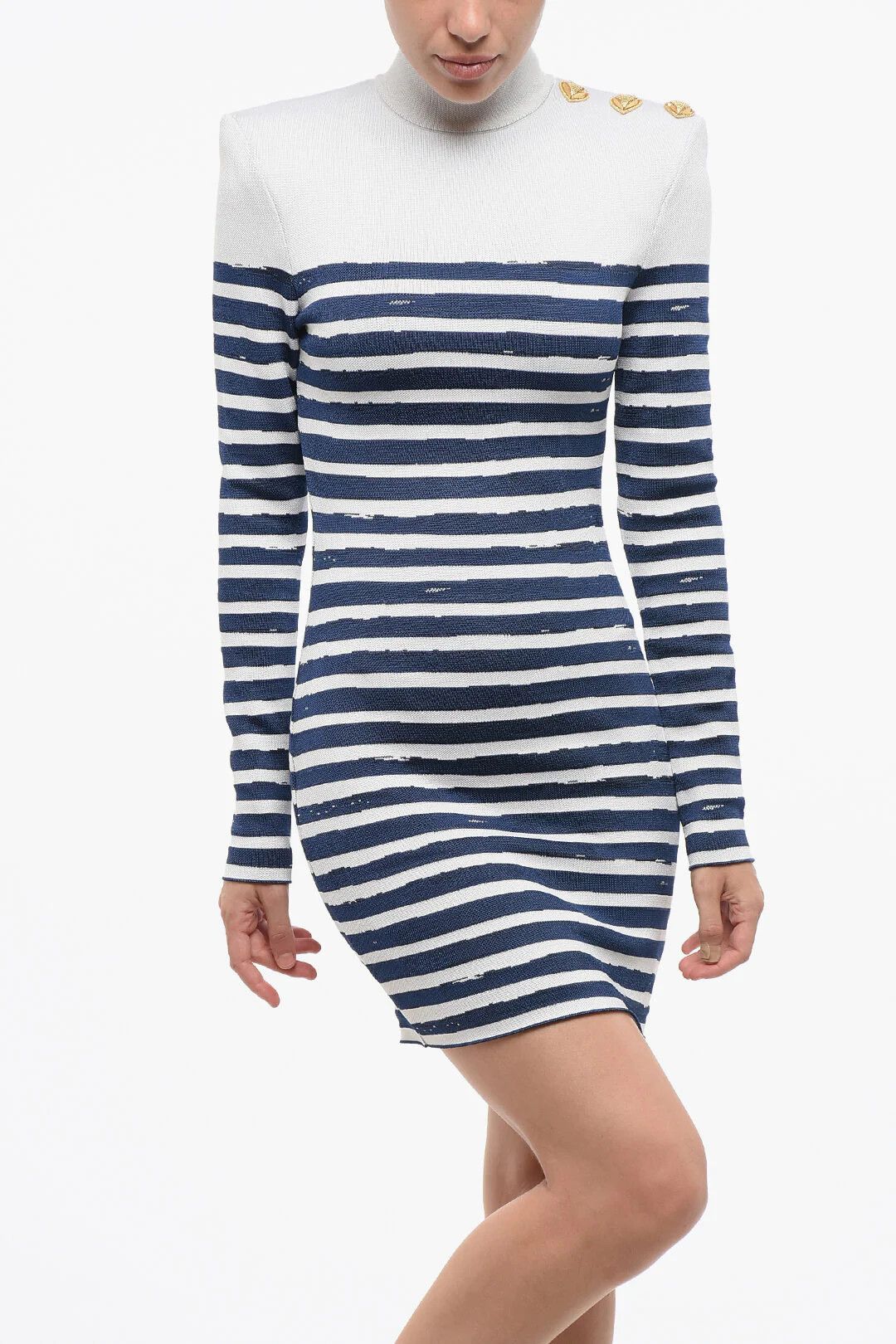 Balmain og1mm0326 Two-Tone Striped Fitted Mini Dress in White/Blue Size M / US 6-8 / IT 42-44 - 4 Thumbnail