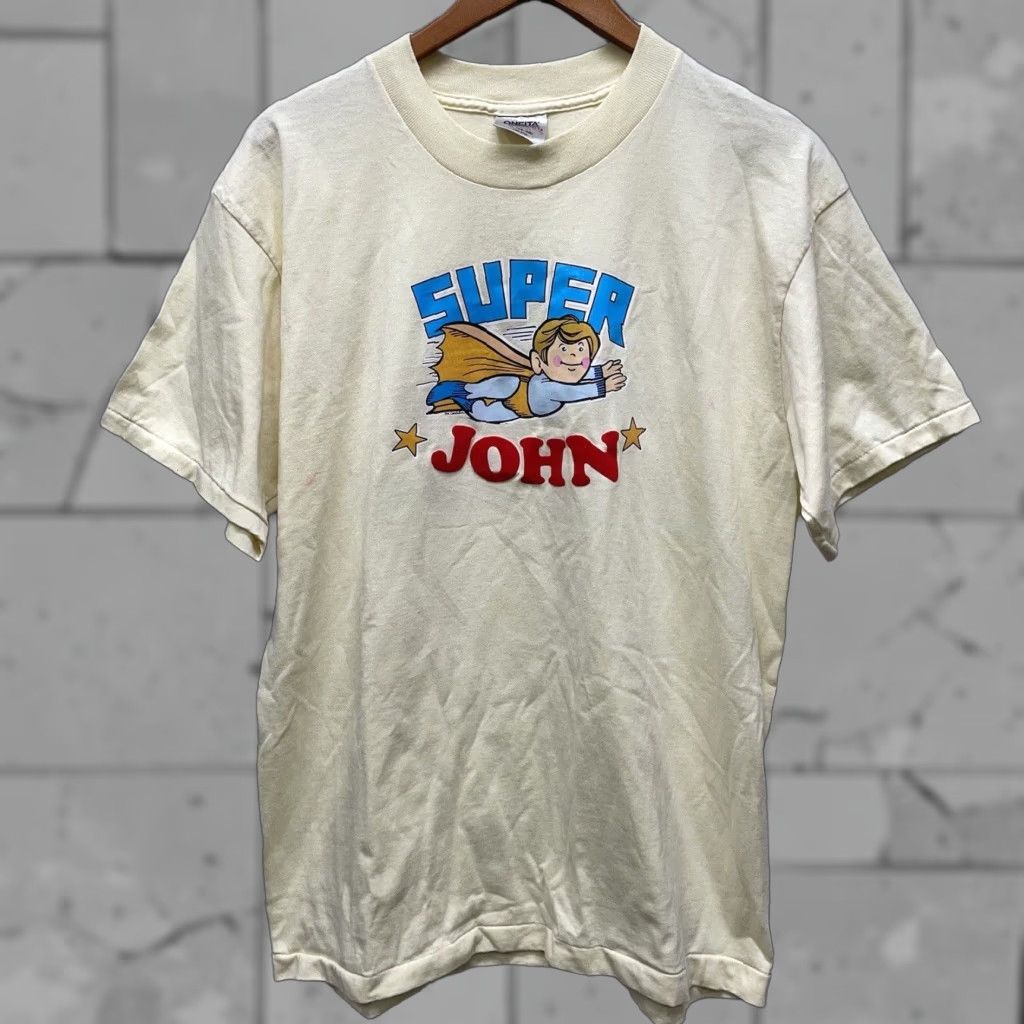 Vintage VTG Oneita SUPER JOHN T-Shirt Mens XL Beige Graphic Stitch USA 1980s 90s Decade Tee Size US XL / EU 56 / 4 - 1 Thumbnail