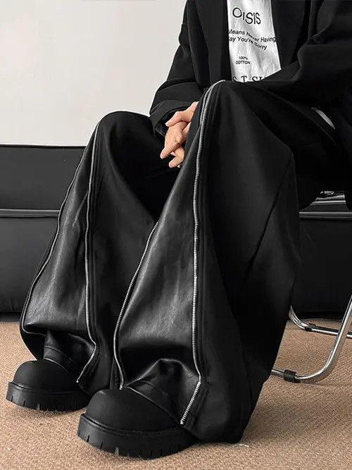 Other Black Wide-Leg Pants with Leather Accents Size US 32 / EU 48 - 4 Thumbnail