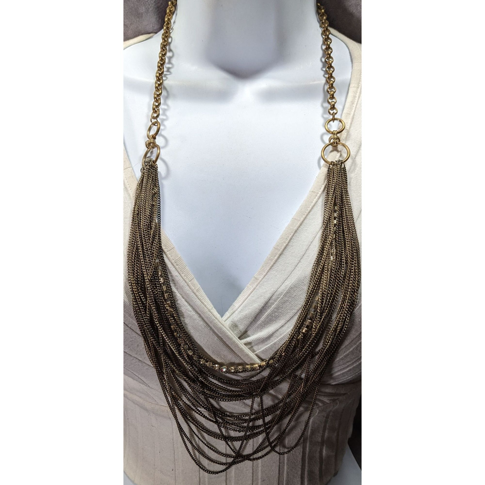 Other 80s Glam Gold Tone Layered Chain Necklace With Rhinestones A Size ONE SIZE - 1 Thumbnail