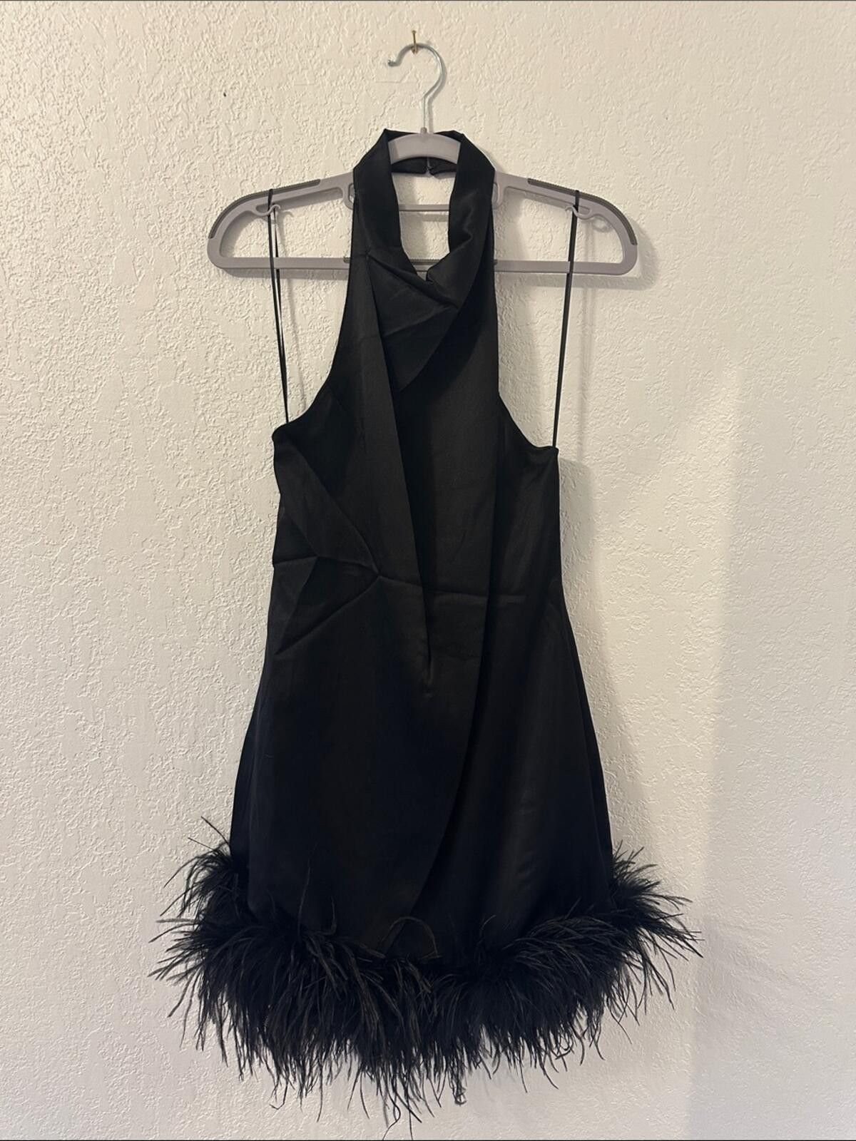 black feather mini dress Fancy You Trim  VICI making this dress ideal for homecoming Amanda Uprichard Black Feather-Trim Halter