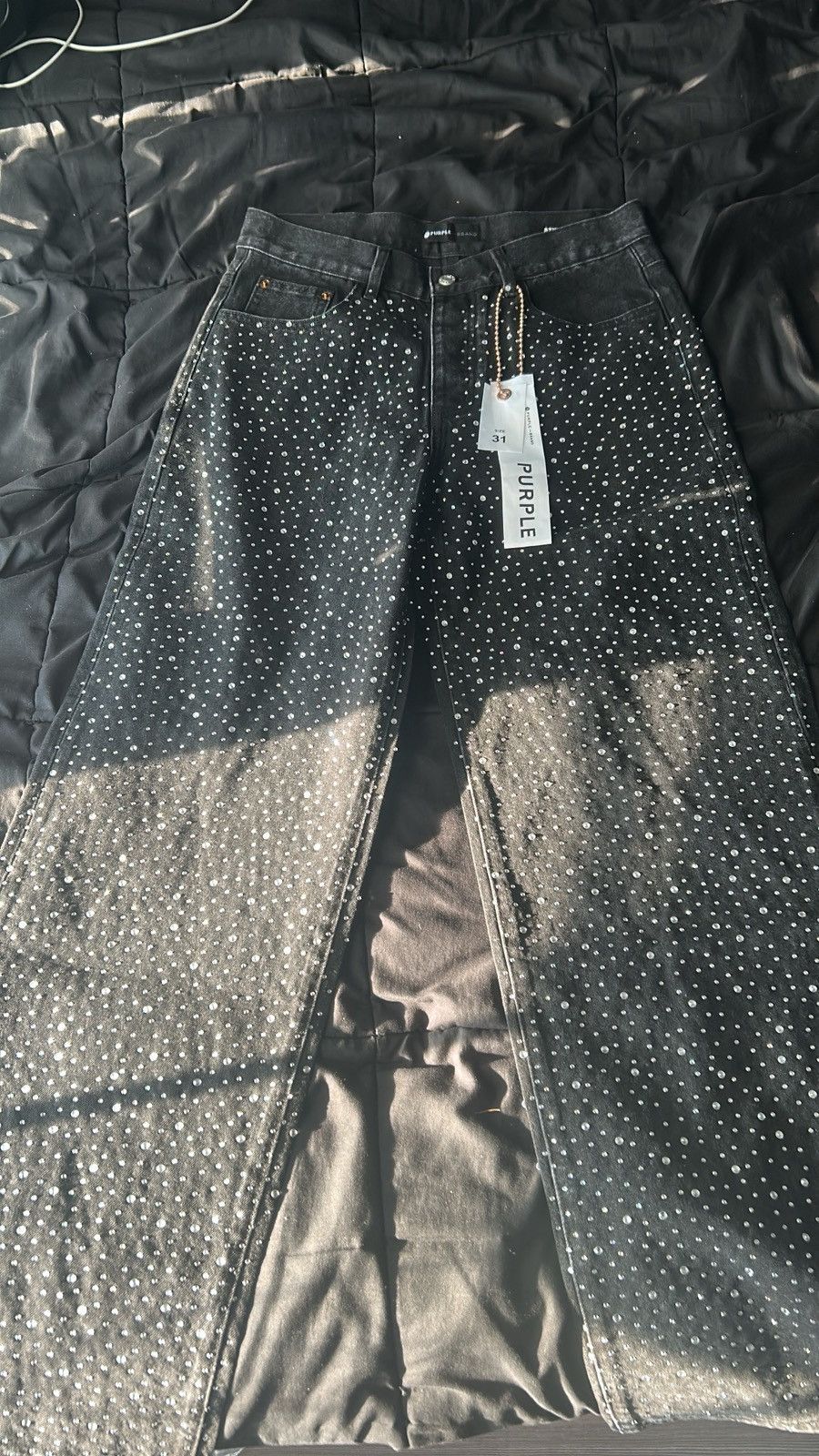 Black Purple Brand Rhinestone Jeans