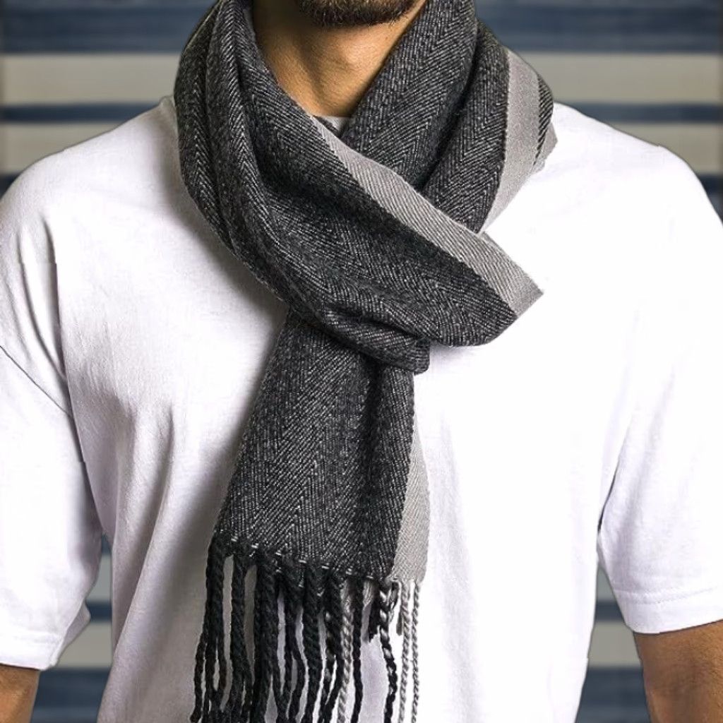 Vintage Alpine Swiss Scarf Plaid Gray One Size Adult Men Unisex 12” W x 80” L Acrylic Cashmere-Fit Winter Scarves Size ONE SIZE - 1 Thumbnail